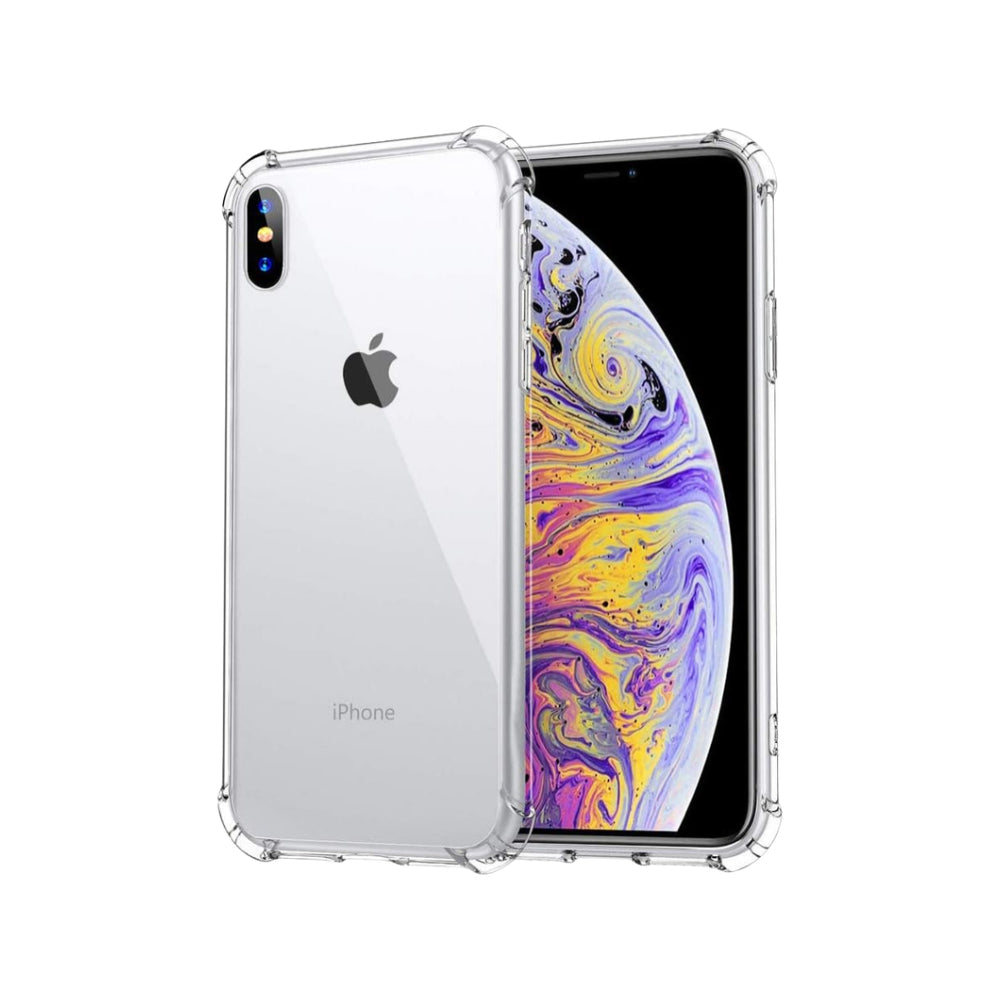 A clear iPhone XS Max Gorilla case made with PC and TPU materials, showcasing the phone's screen and camera.