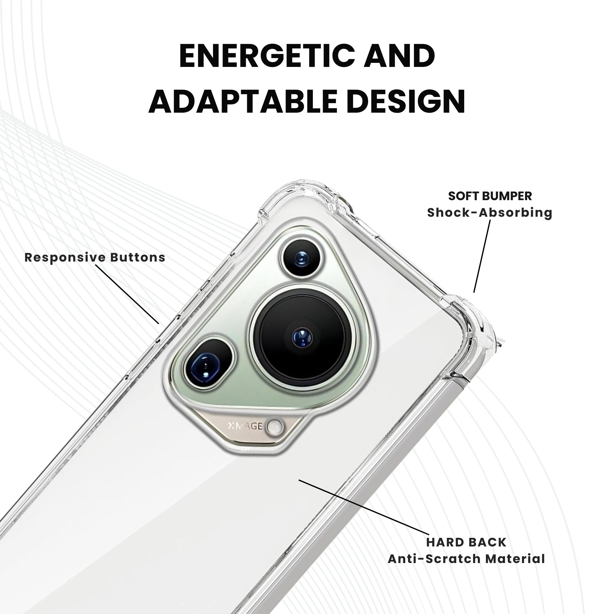 A clear protective case for a Huawei smartphone, showing the back and side view with raised bezels for screen and camera protection.