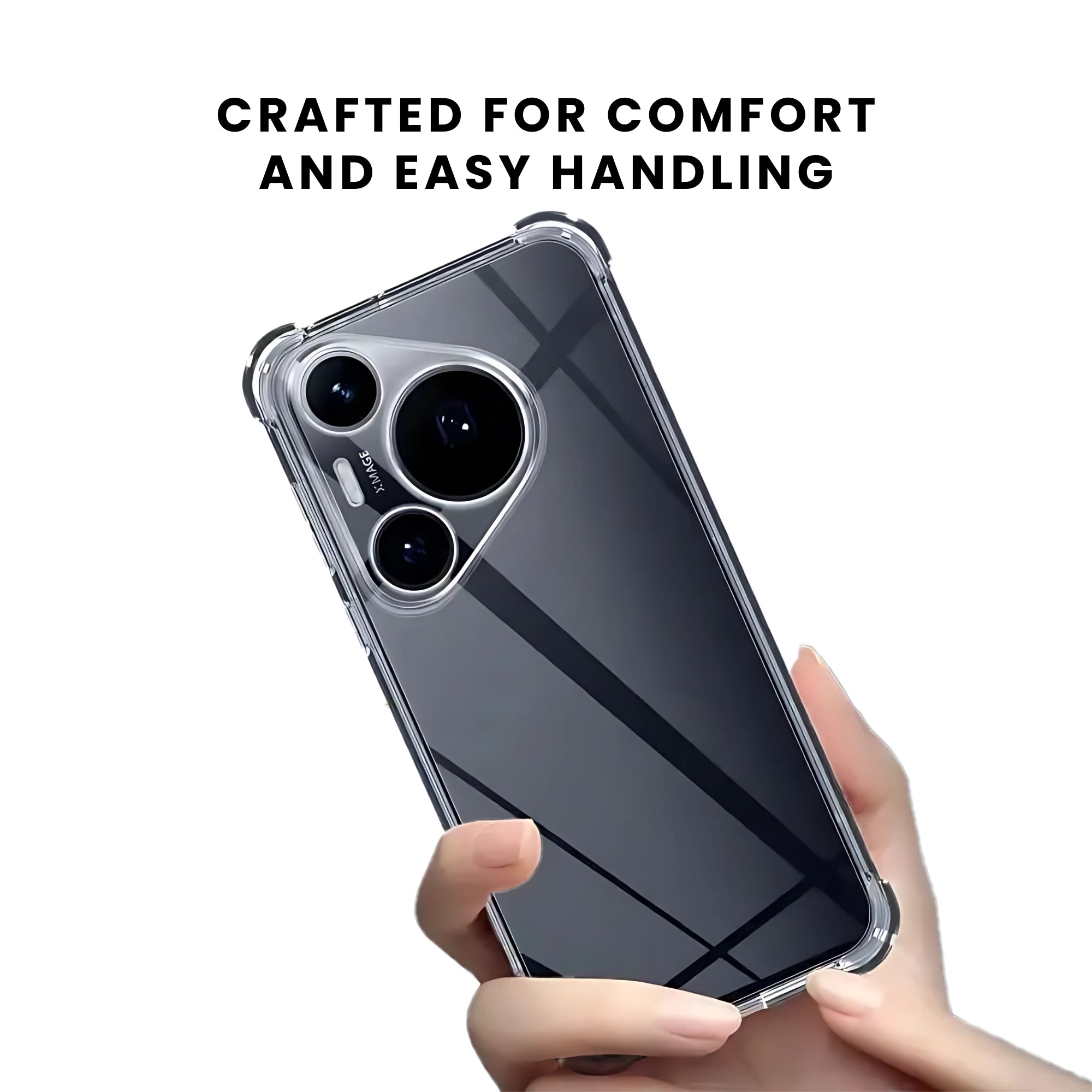A clear protective case for a Huawei smartphone, showing the back and side view with raised bezels for screen and camera protection.