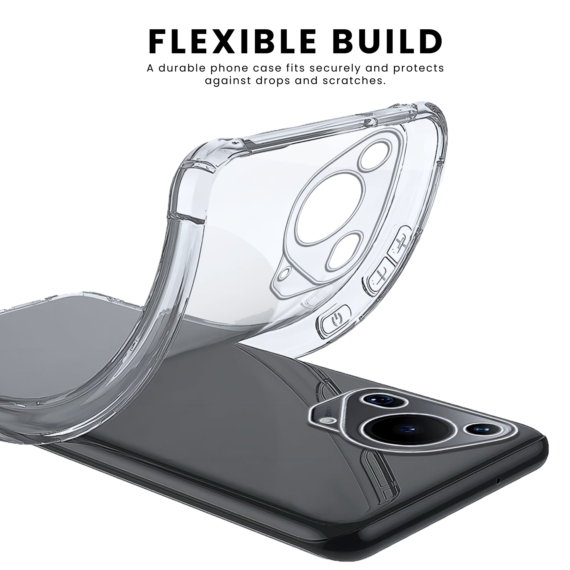 A clear protective case for a Huawei smartphone, showing the back and side view with raised bezels for screen and camera protection.