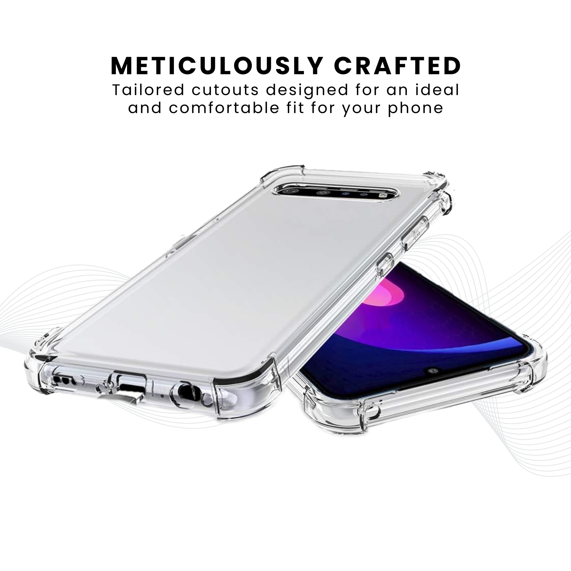 A clear protective case for LG smartphones, showing the phone's screen and camera without covering them.