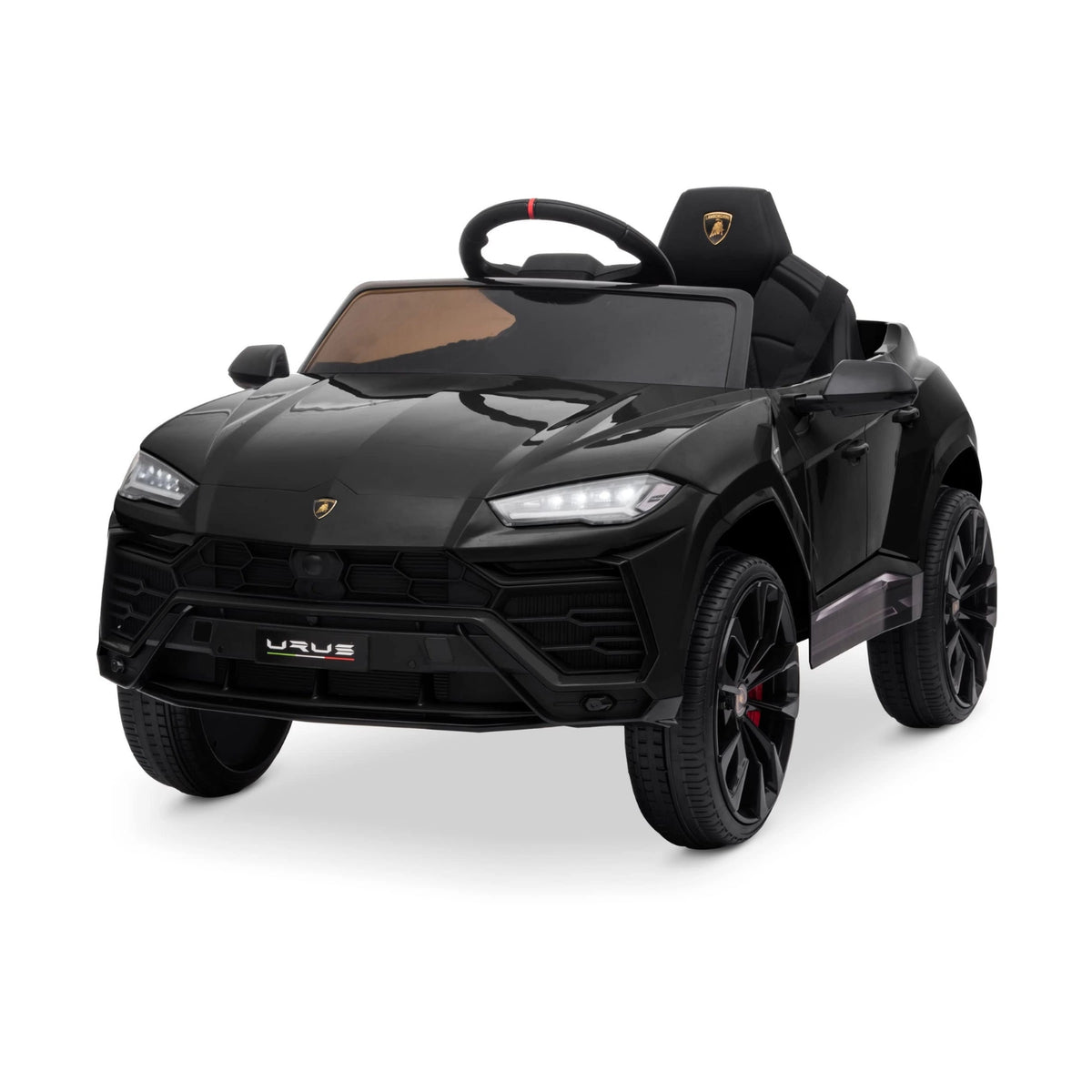 A black Lamborghini Urus 12V electric ride-on SUV for children with black wheels and interior.