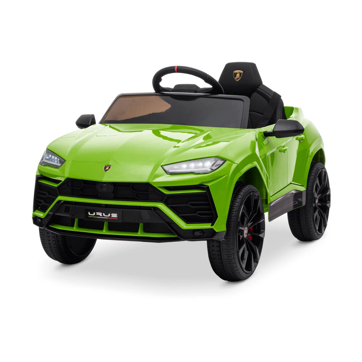 A green Lamborghini Urus 12V electric ride-on SUV for children with black wheels and interior.