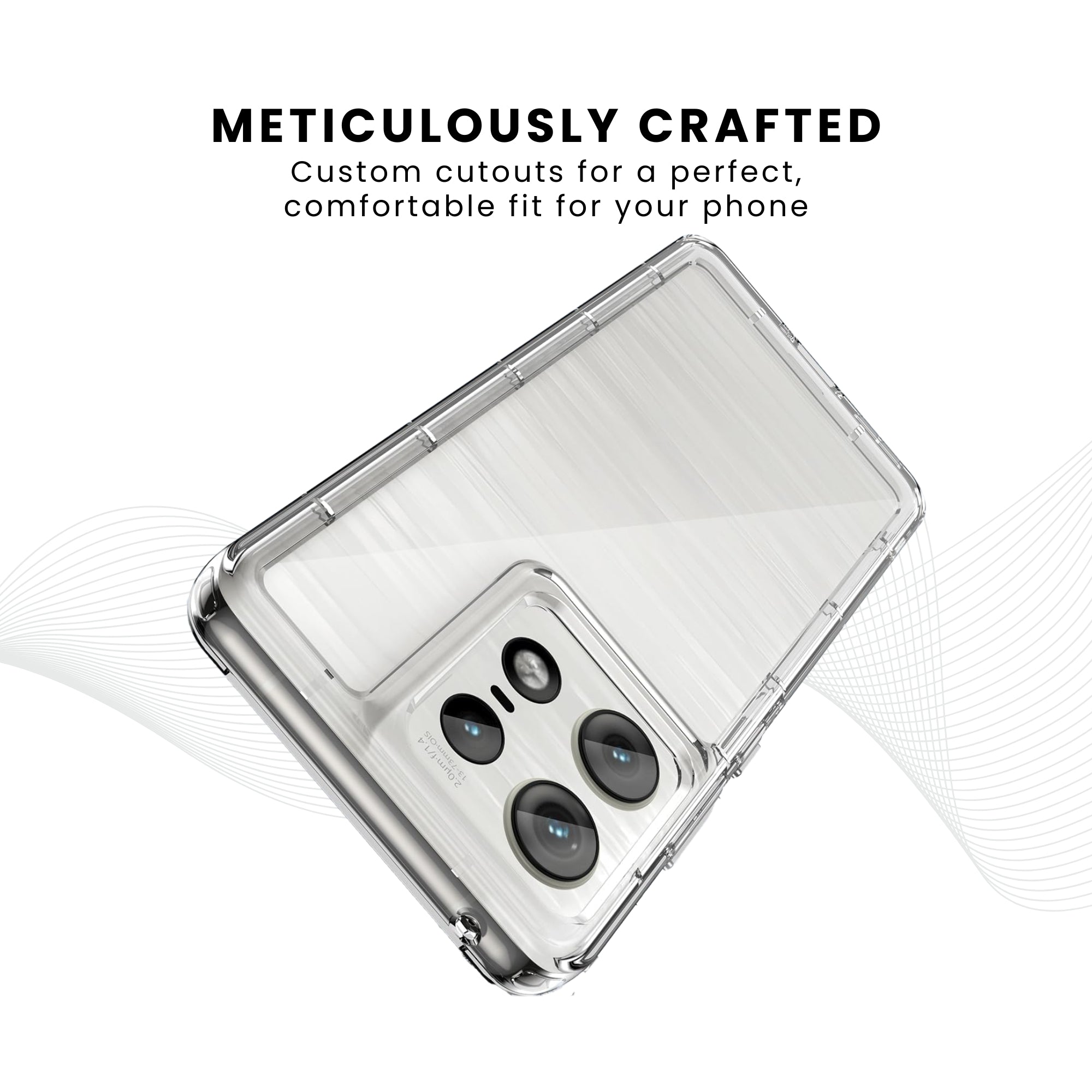 A clear plastic back cover case for a Motorola smartphone, showcasing the camera and cutouts for ports and buttons.