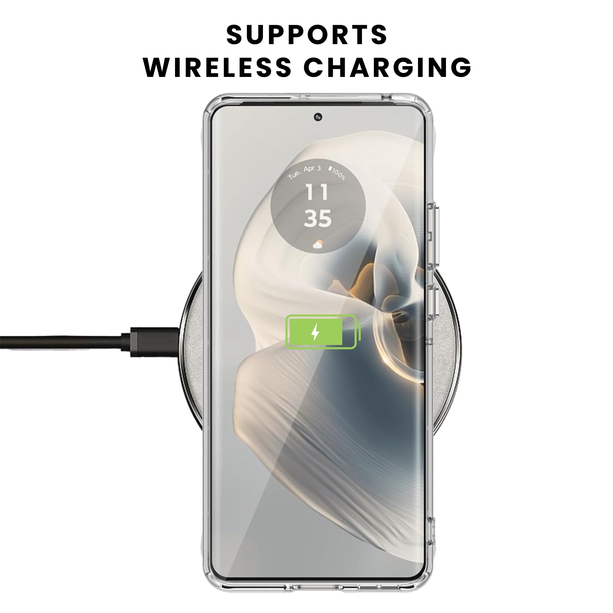 A clear plastic back cover case for a Motorola smartphone, showcasing it supports wireless charging.