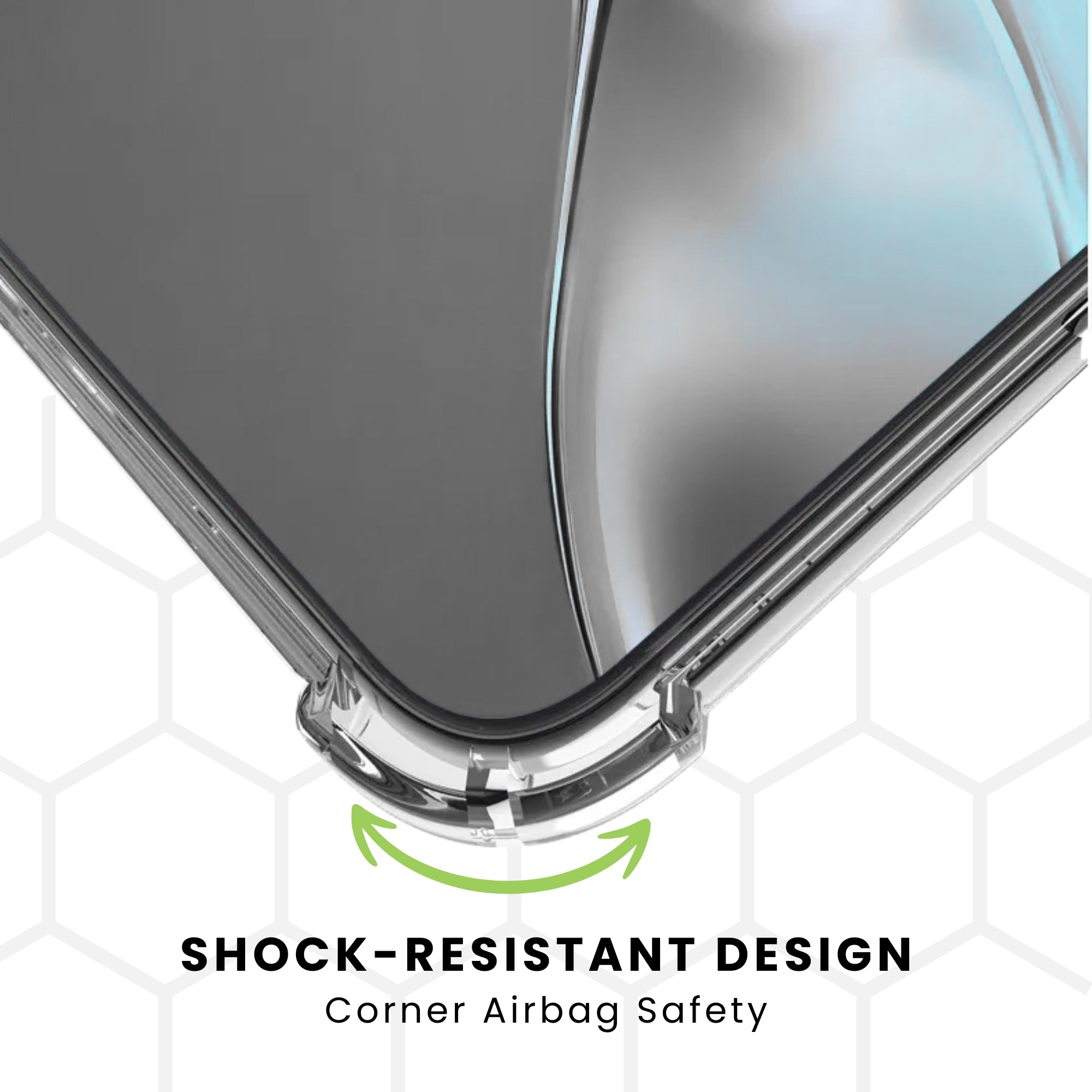 A clear plastic back cover case for a Motorola smartphone, showcasing the corner that is shock-resistant.