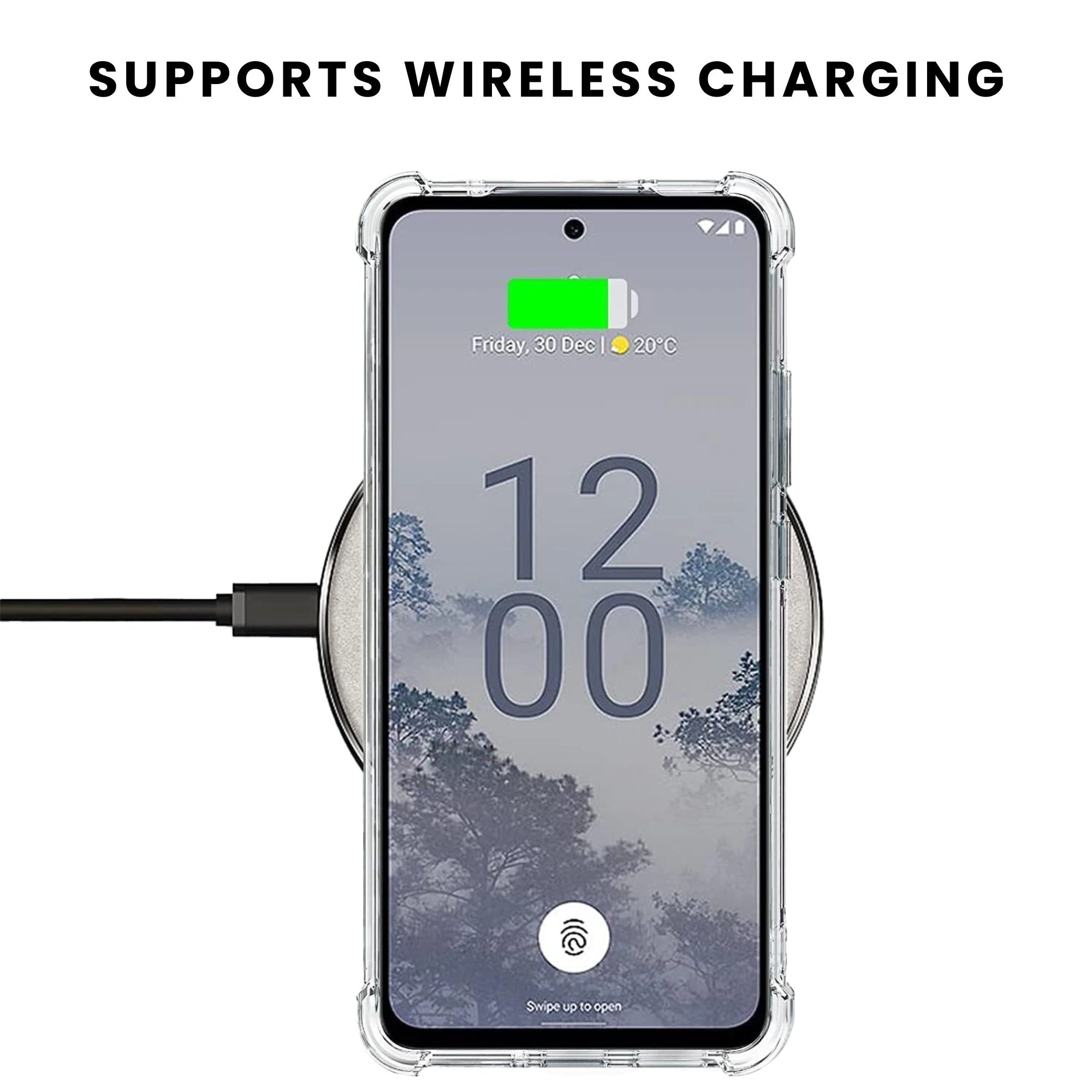 A clear Nokia phone case, designed to protect the phone while maintaining visibility of the screen and ports allowing wireless charging.