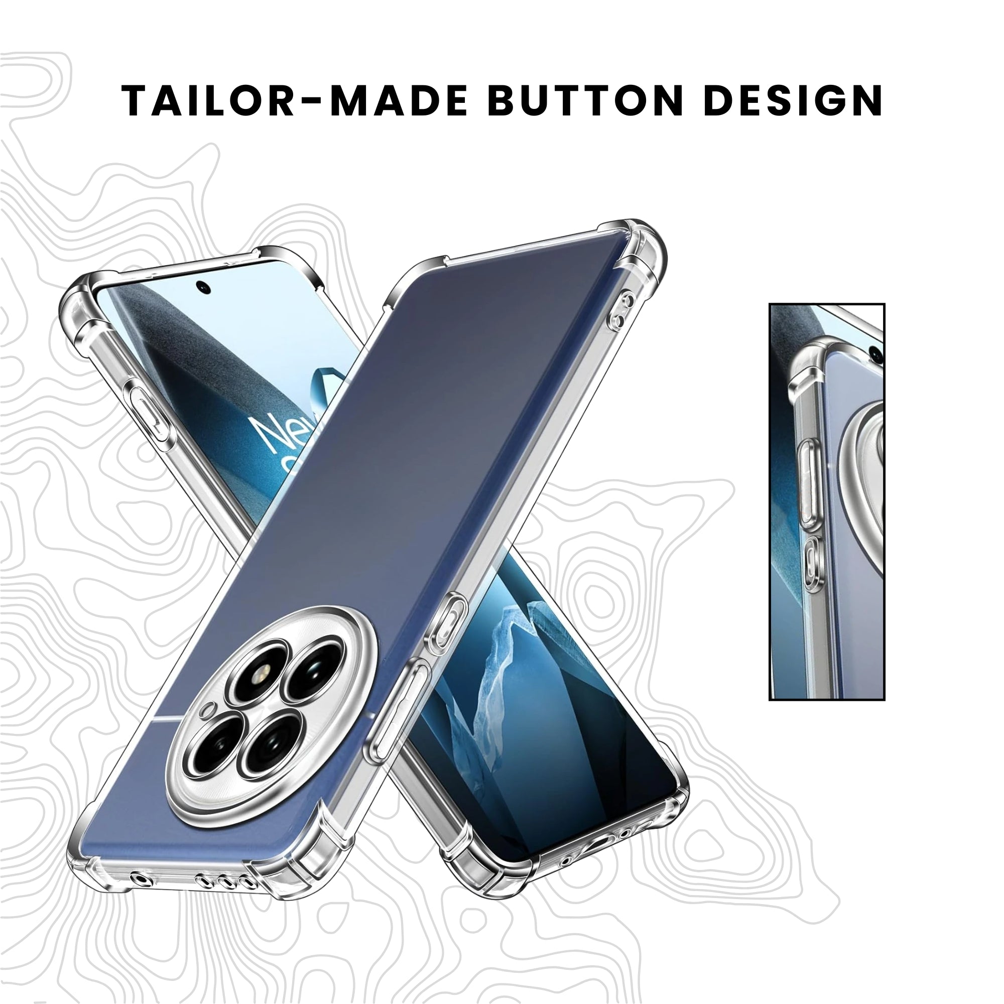 A clear, flexible and adaptable plastic back cover case for all OnePlus smartphones with a camera cutout on the top left showing raised shock-proof edges.