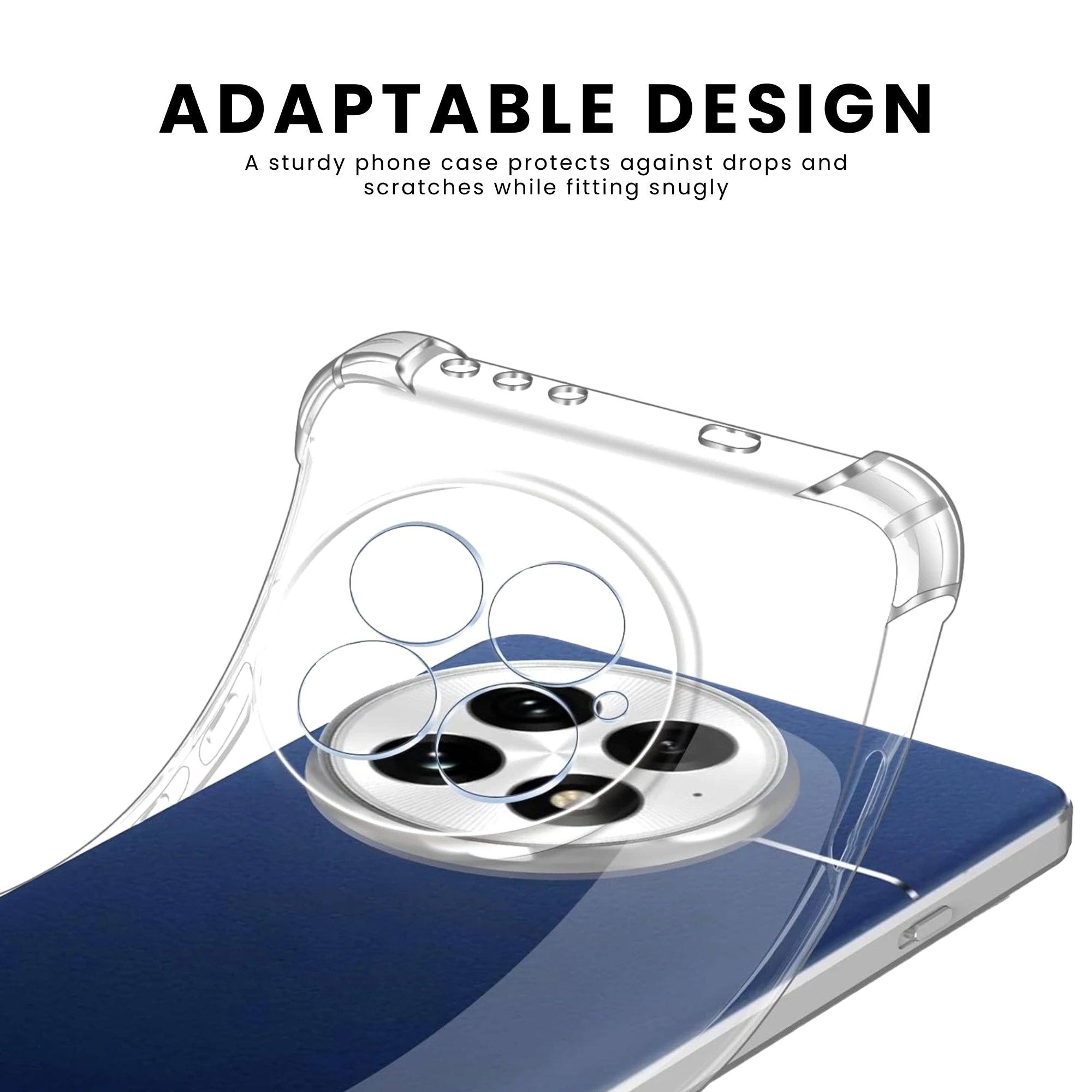 A clear, flexible and adaptable plastic back cover case for all OnePlus smartphones with a camera cutout on the top left showing raised shock-proof edges.