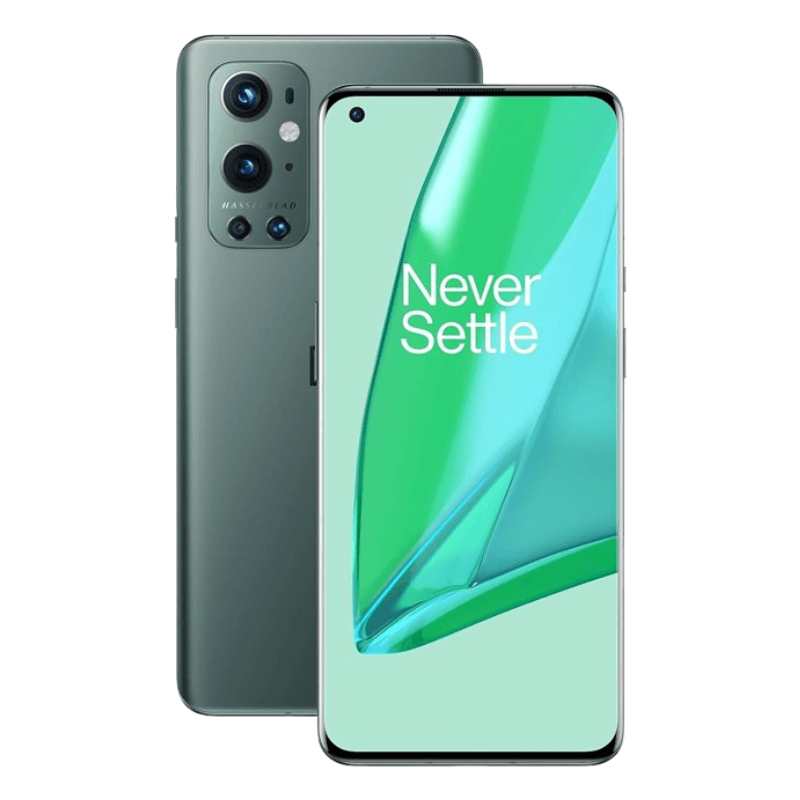 OnePlus smartphone with 'Never Settle' slogan on a white background