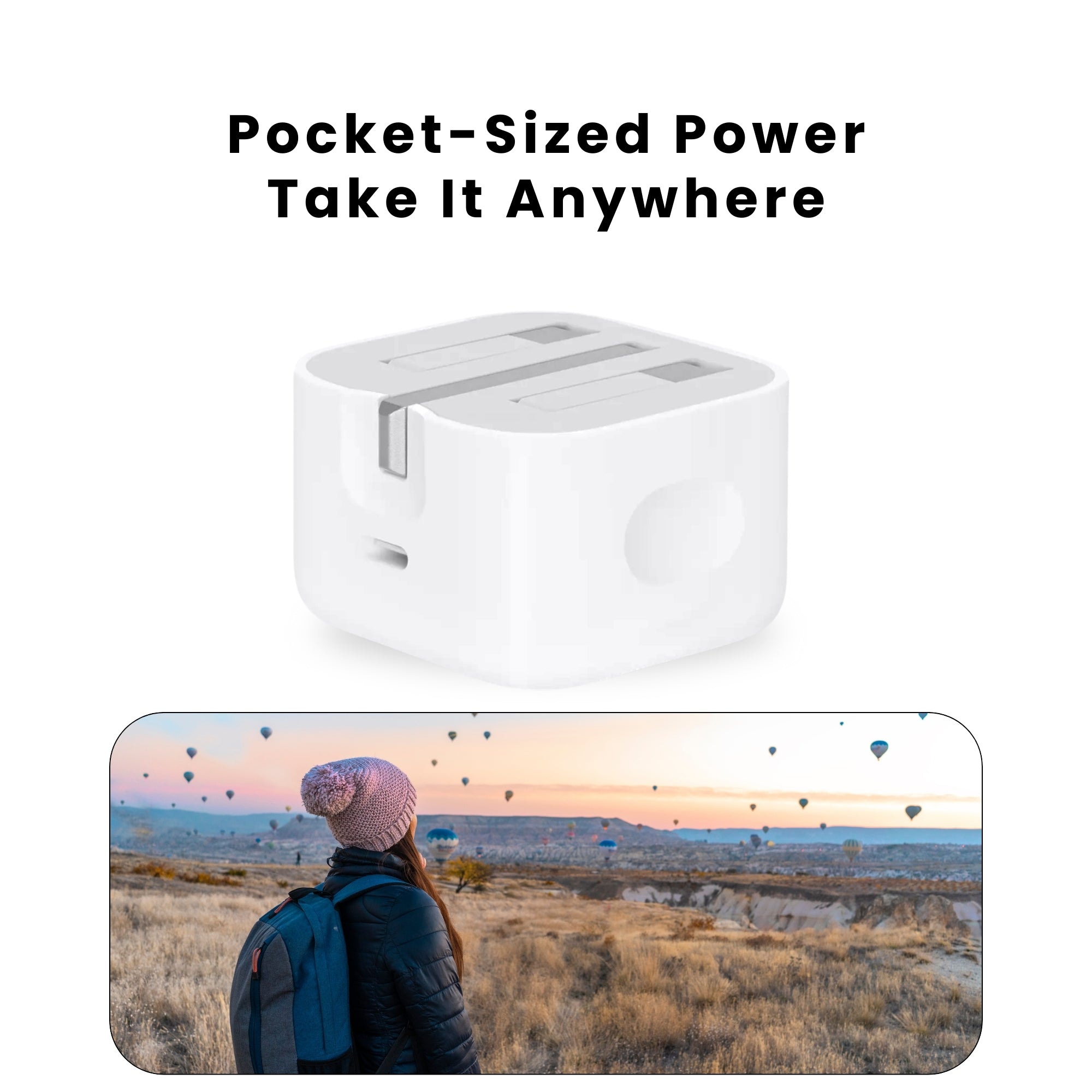 A pocket sized Original 20W Apple Type C Plug, showing a white charger with UK compatible plugs.