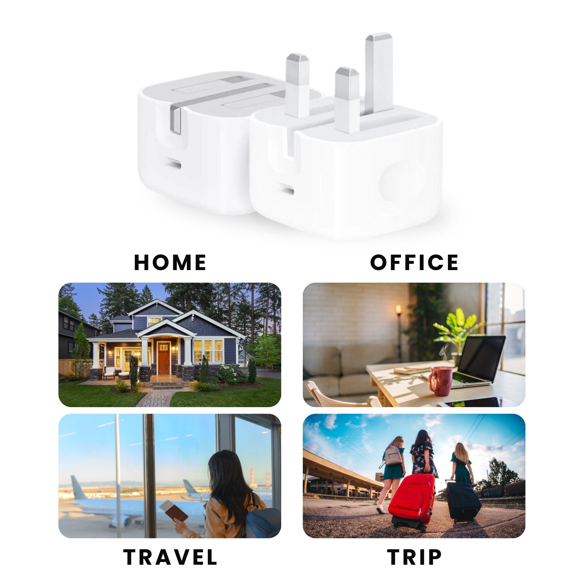 A Original 20W Apple Type C Plug, showing a white charger with UK compatible plugs perfect for home, office or travel.