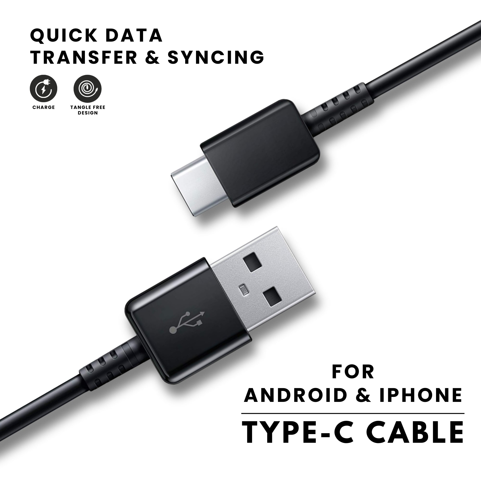 A black Samsung USB to Type C cable, showing the connectors on both ends with quick data transfer and syncing.