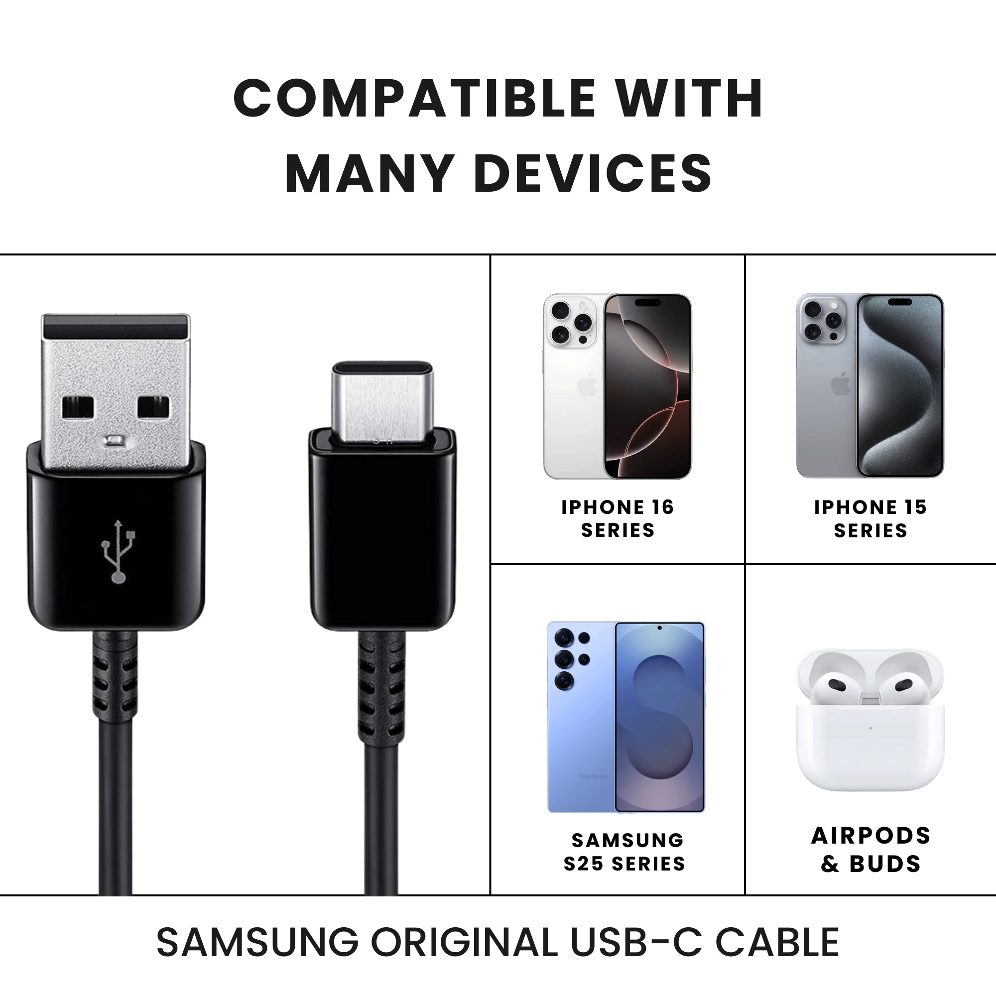 A black Samsung USB to Type C cable, showing the connectors on both ends with compatible devices mentioned.