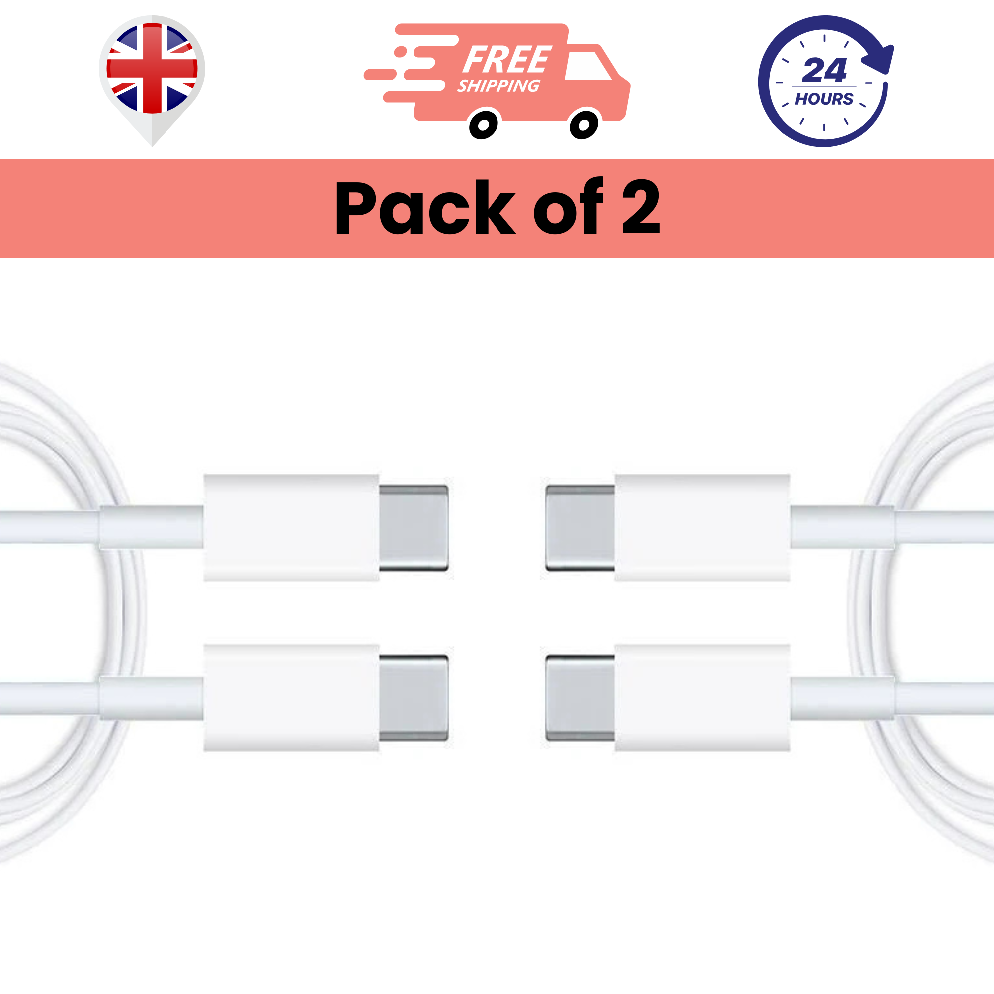 Pack of 2 white Type-C to Type-C cables against a white background with icons indicating free shipping and a 24-hour service.