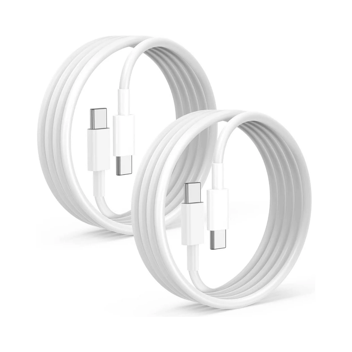 Pack of 2 white Type-C to Type-C cables against a white background with icons indicating free shipping and a 24-hour service.