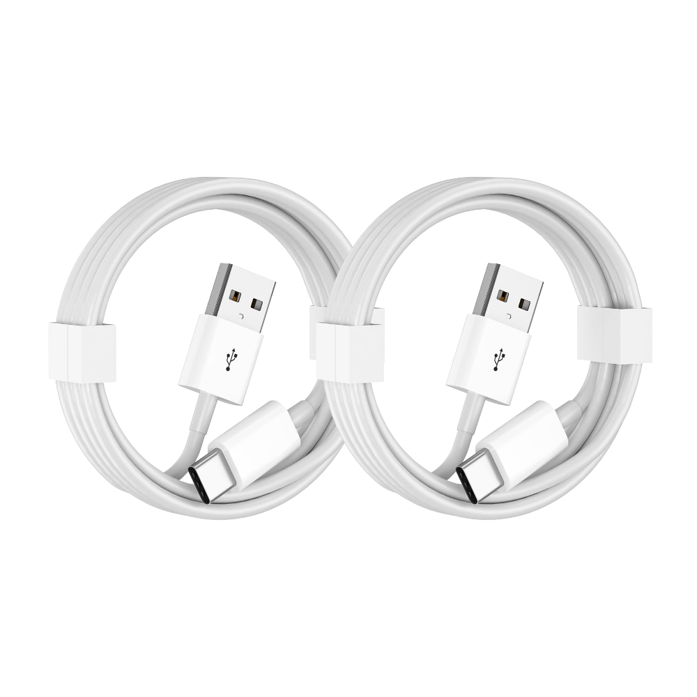 Pack of 2 white USB to Type-C cables against a white background with graphical icons indicating free shipping and a 24-hour service.