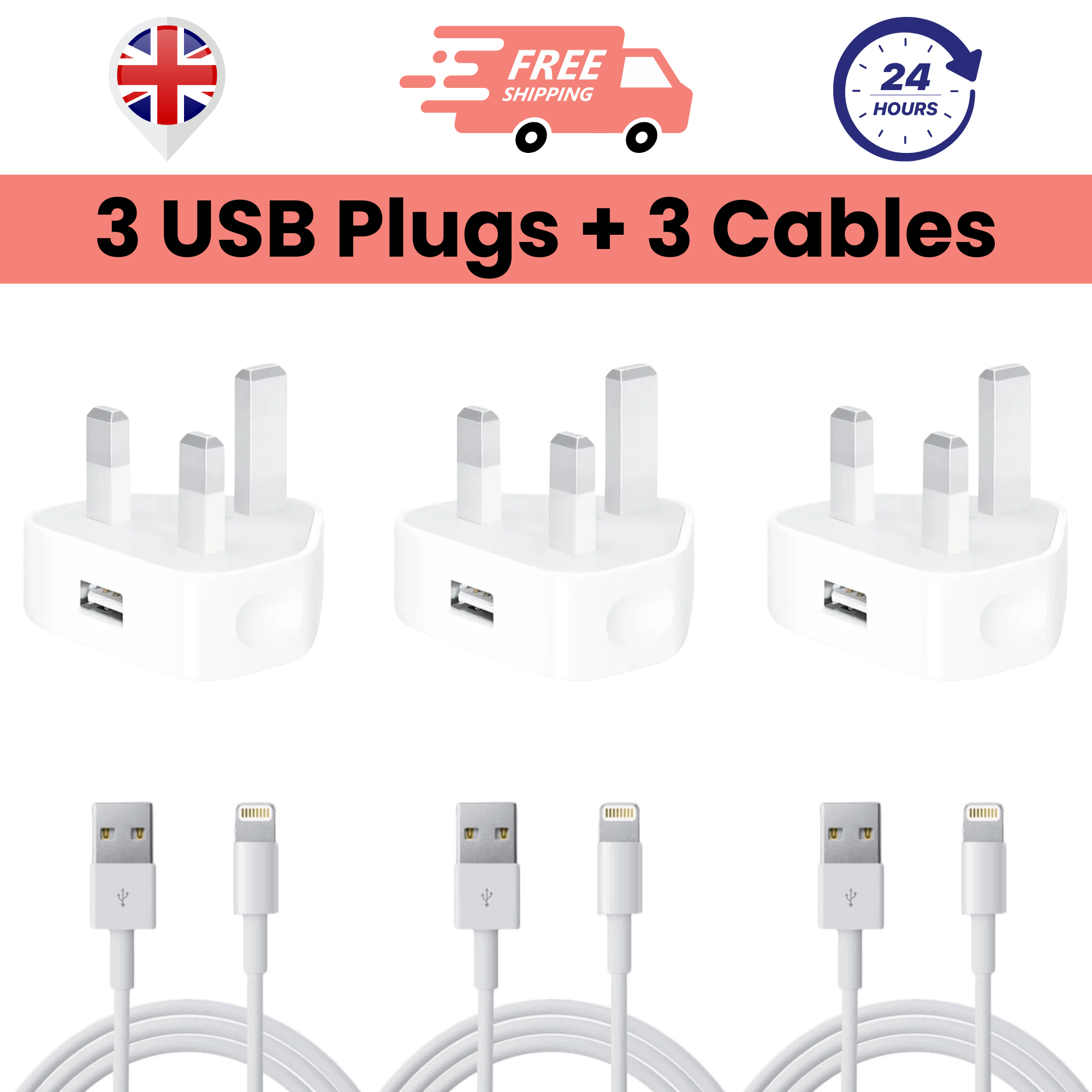 Three white USB plug chargers with three USB to Lightning cables, displayed against a white background.