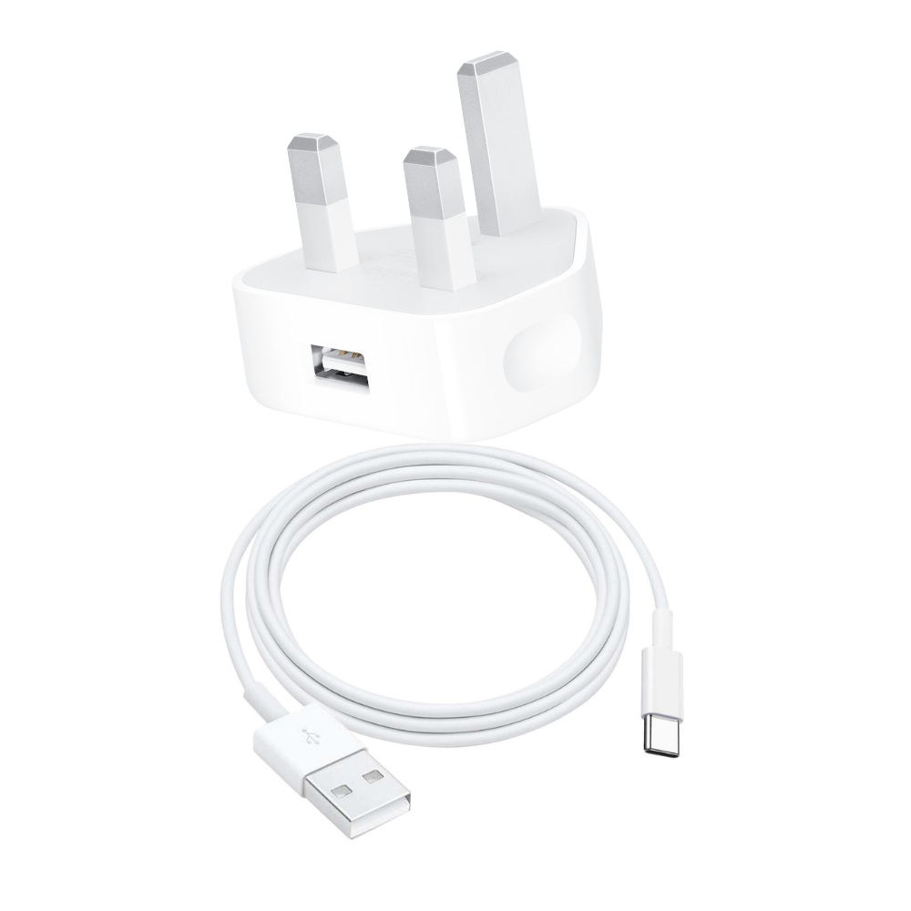 A white USB plug charger with a universal connector alongside a white USB to Type-C cable.
