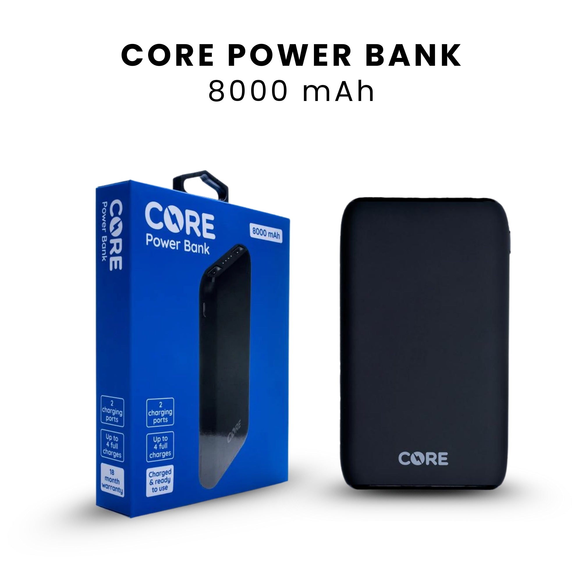 A CORE 8000 mAh power bank in black color, with package box in blue with product details and branding.