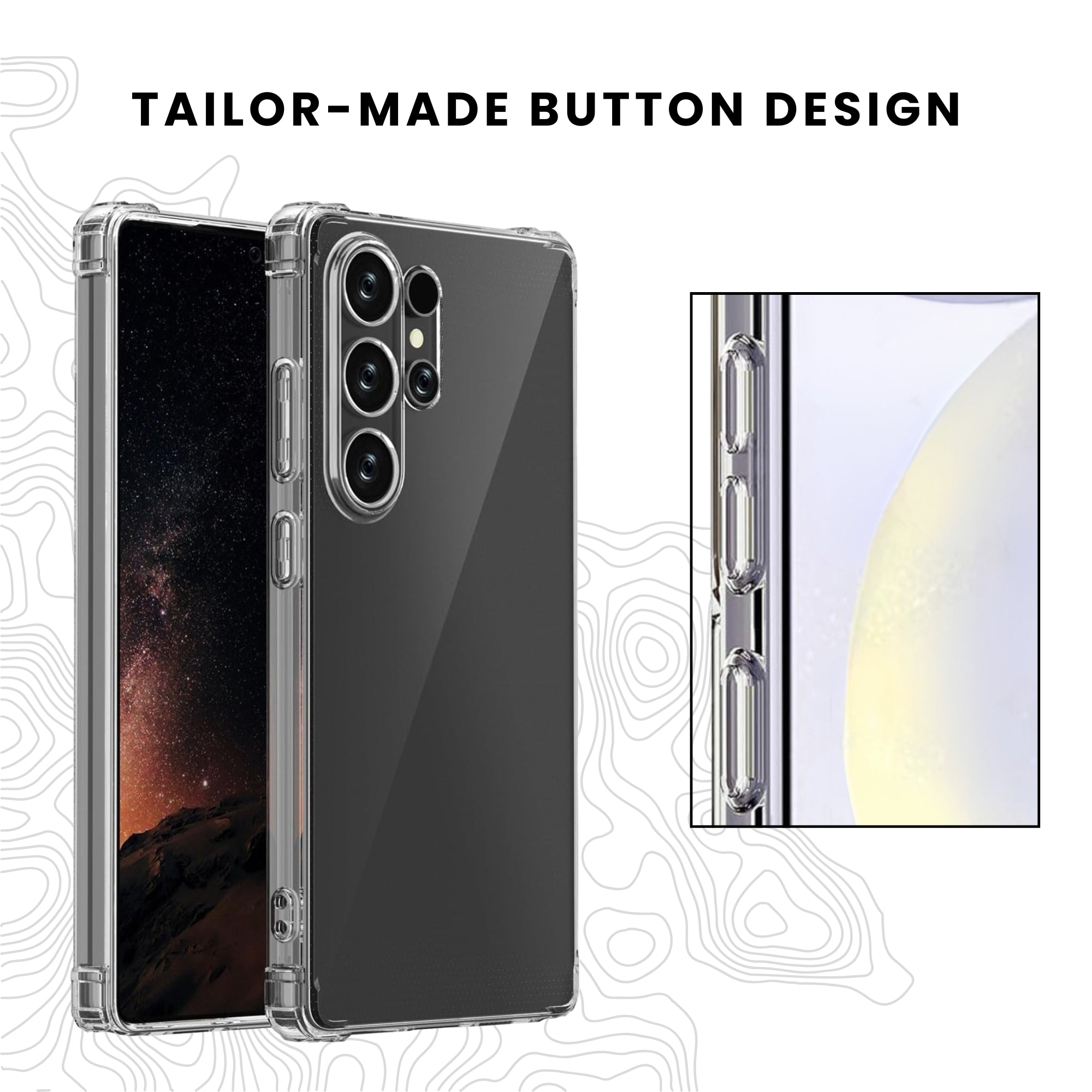 A clear protective phone case for the Galaxy series, showing the front screen and back, perfectly crafted with raised bezels around the camera and screen.