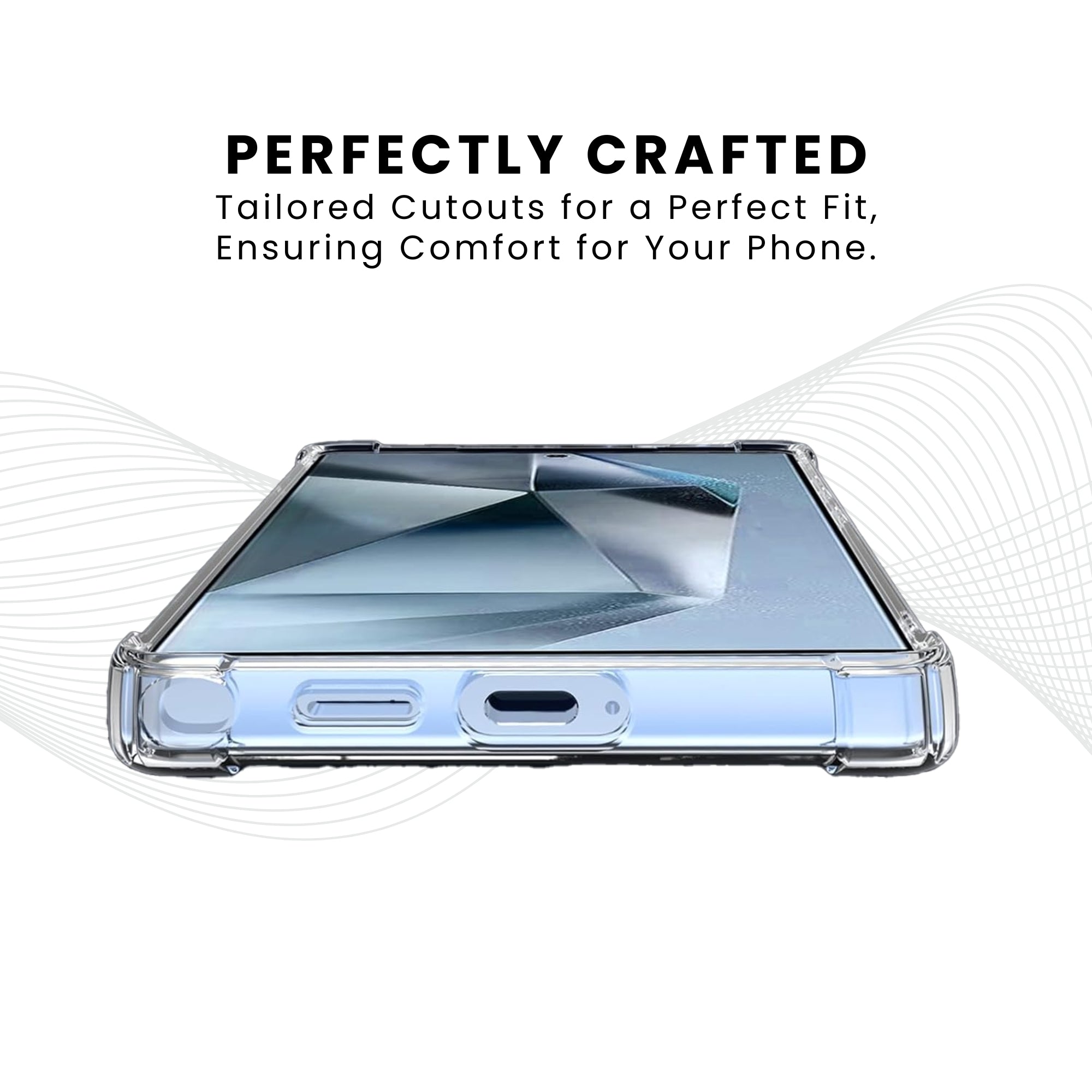 A clear protective phone case for the Galaxy series, showing the front screen, perfectly crafted with raised bezels around the camera and screen.