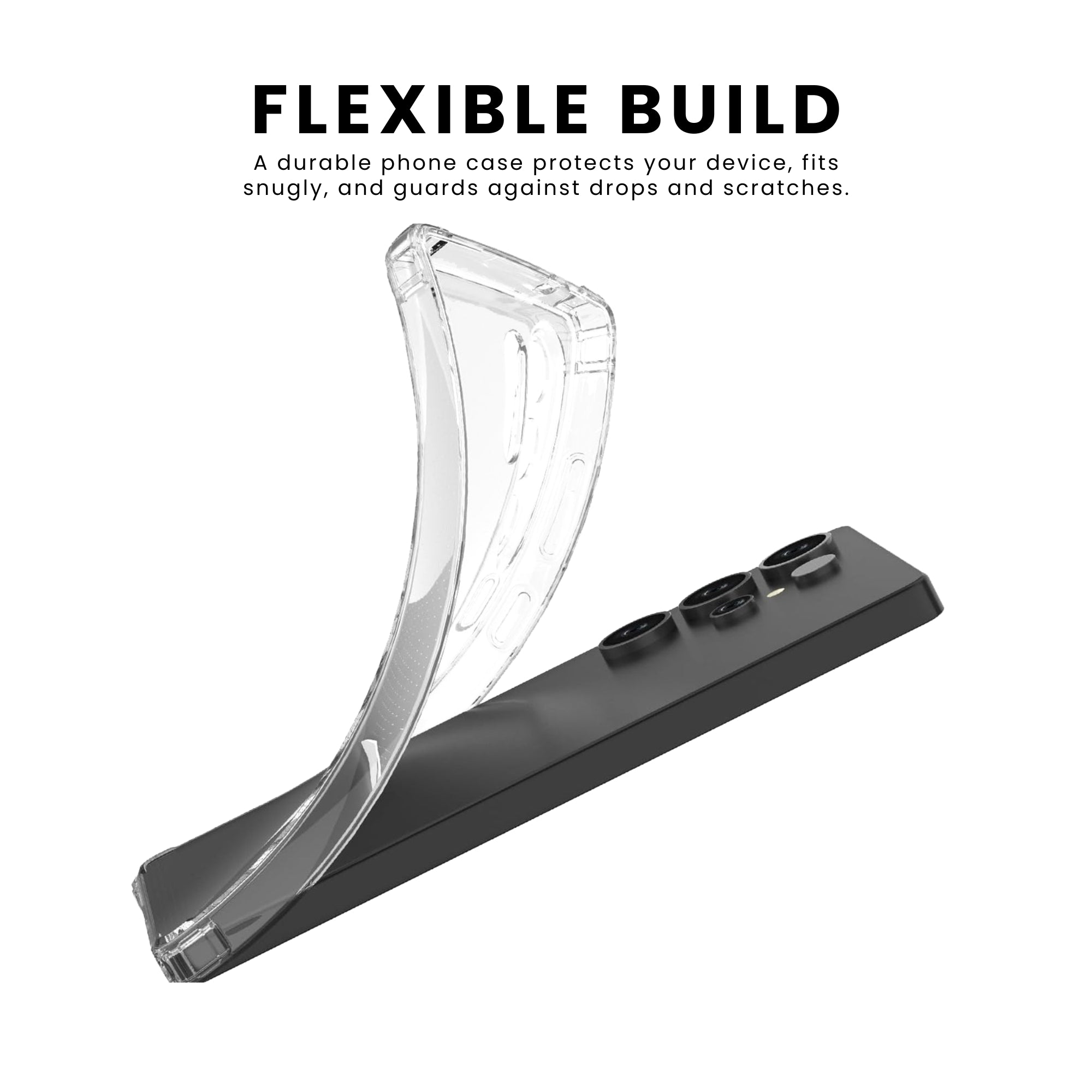 A clear protective phone case for the Galaxy series, showing the back, perfectly crafted with raised bezels around the camera.