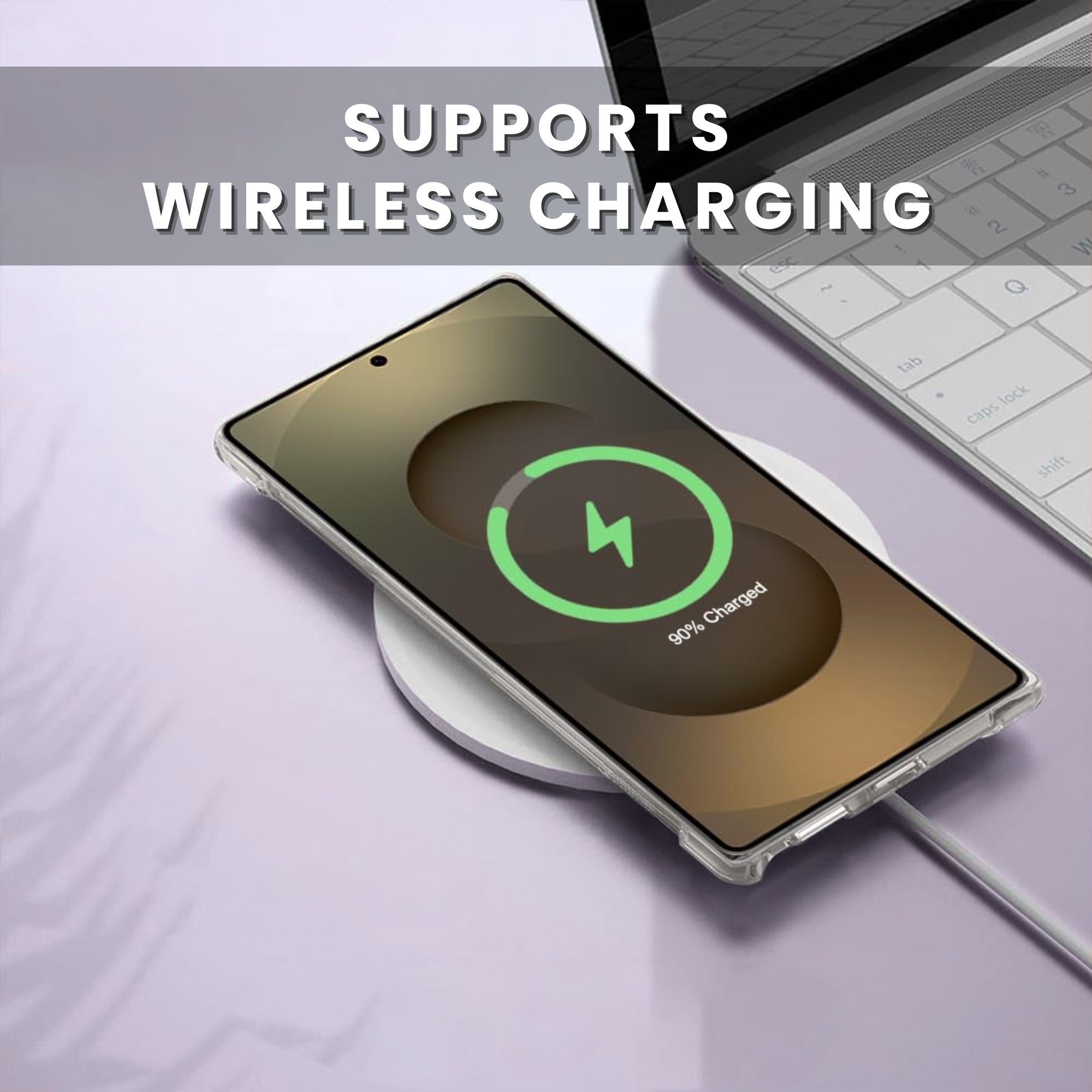 A clear protective phone case for the Galaxy series, showing the front screen, perfectly crafted with raised bezels showing it supports wireless charging.