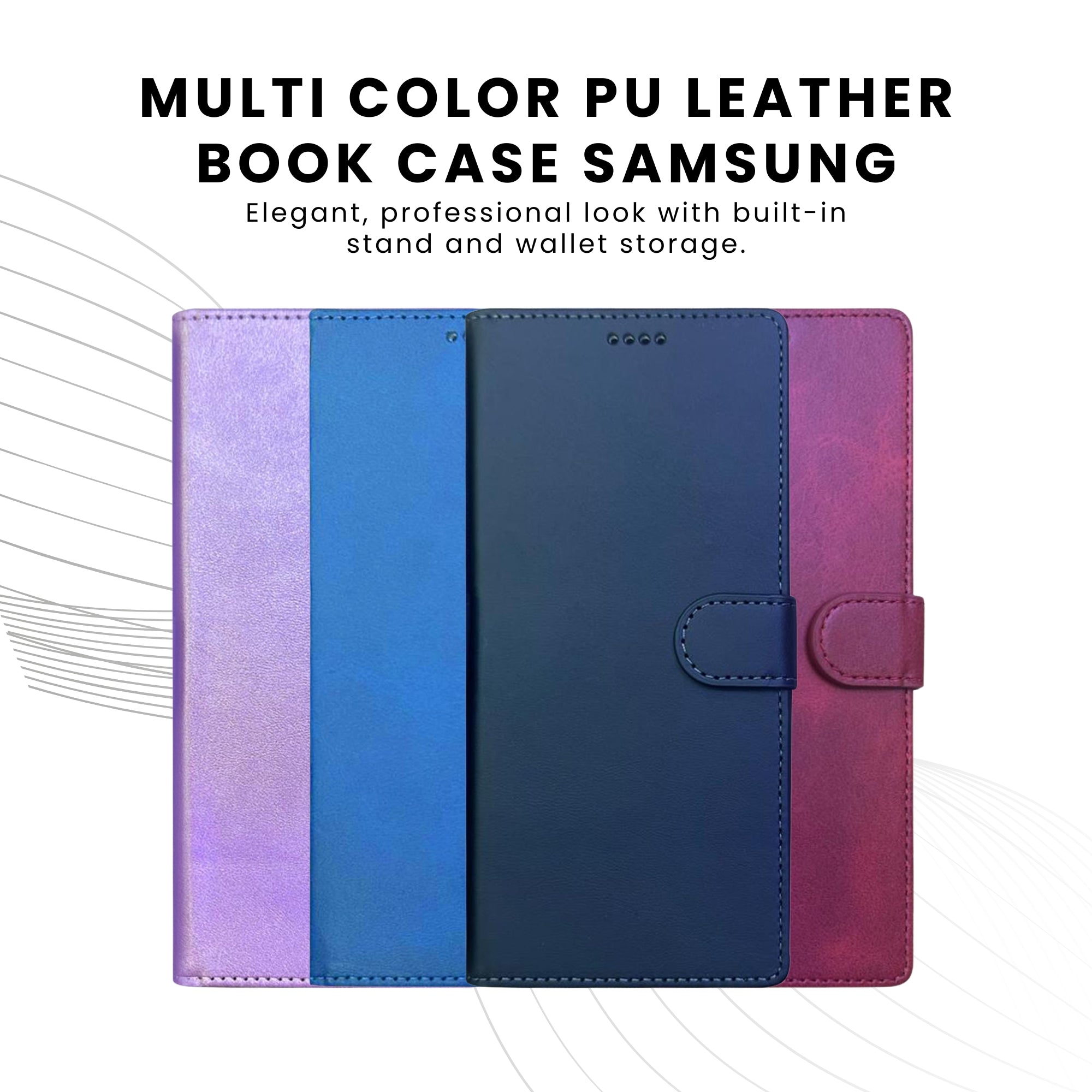A collection of multicolor PU leather wallet cases for the Galaxy Series with a textured design.