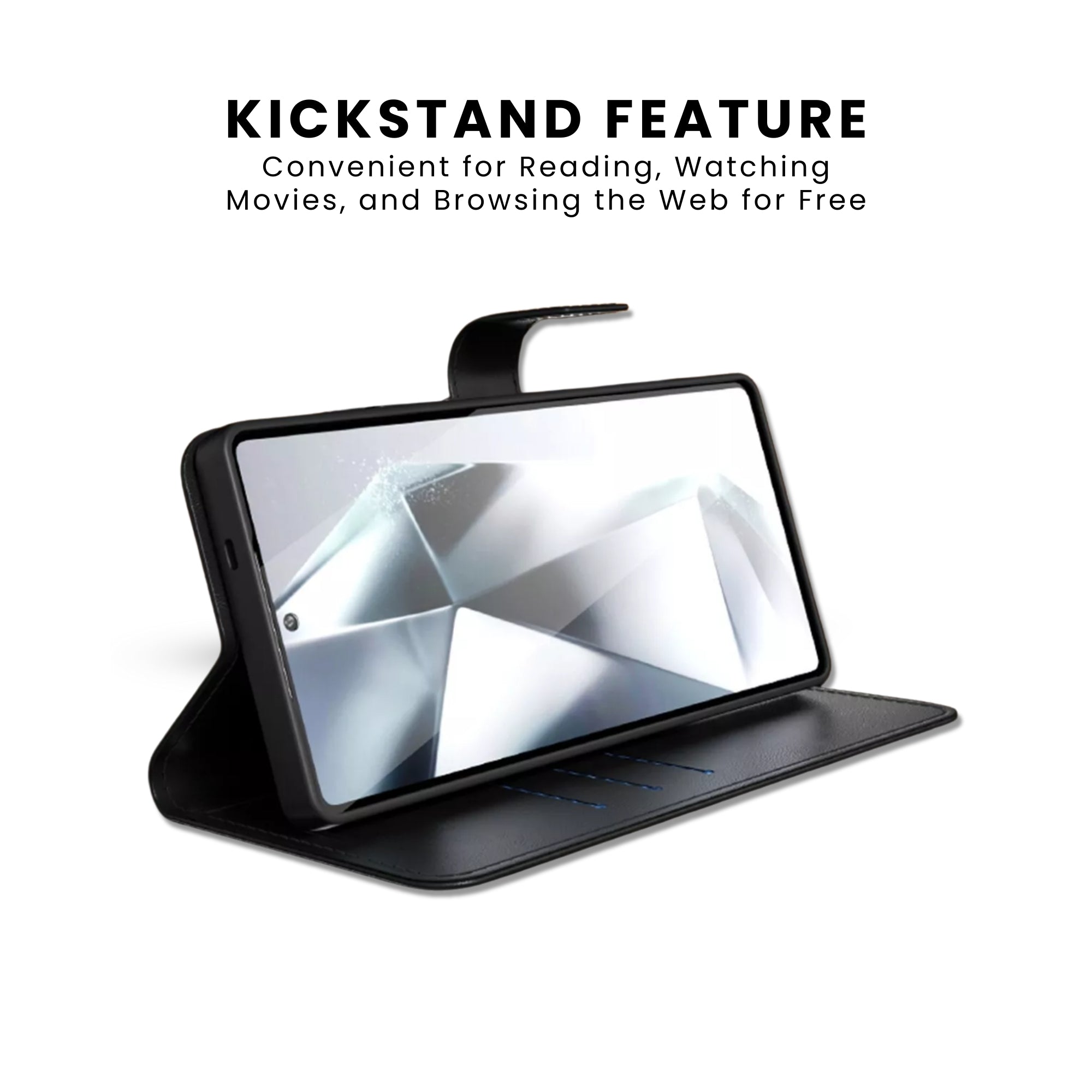 A black PU leather wallet case for the Galaxy Series with a textured design, featuring a front flap and kickstand feature.