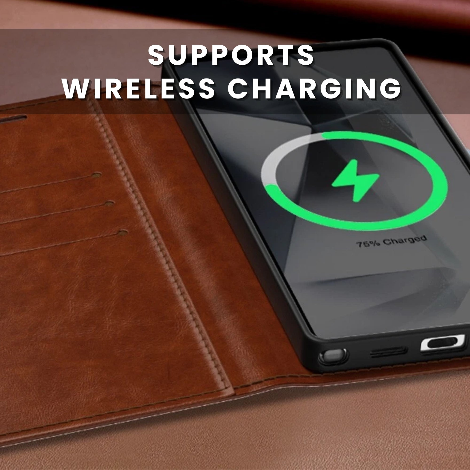 A brown PU leather wallet case for the Galaxy Series with a textured design, featuring a front flap and cards slot and showing it supports wireless charging.
