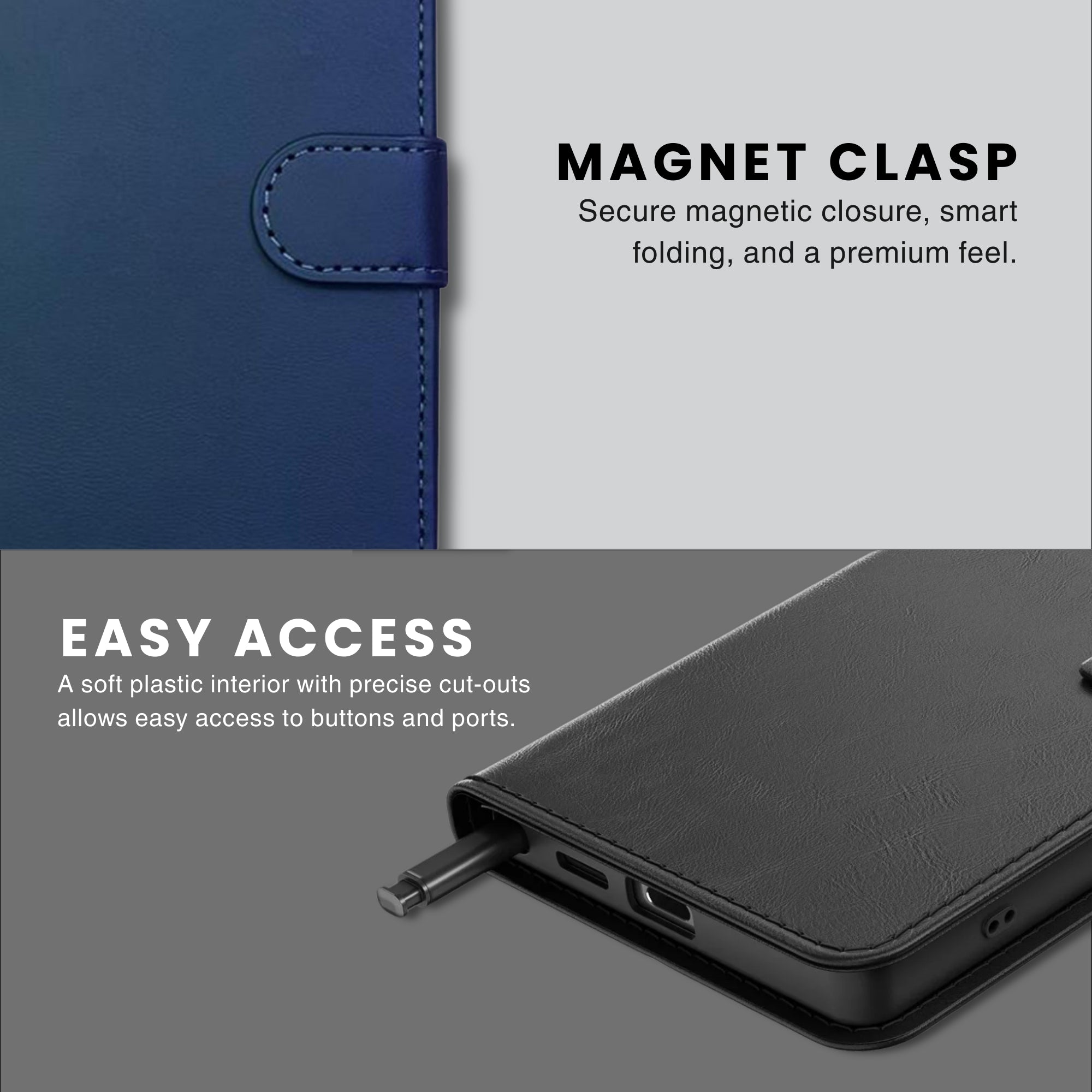 A blue and black PU leather wallet case for the Galaxy Series with a textured design, featuring magnet clasp and easy access to ports.