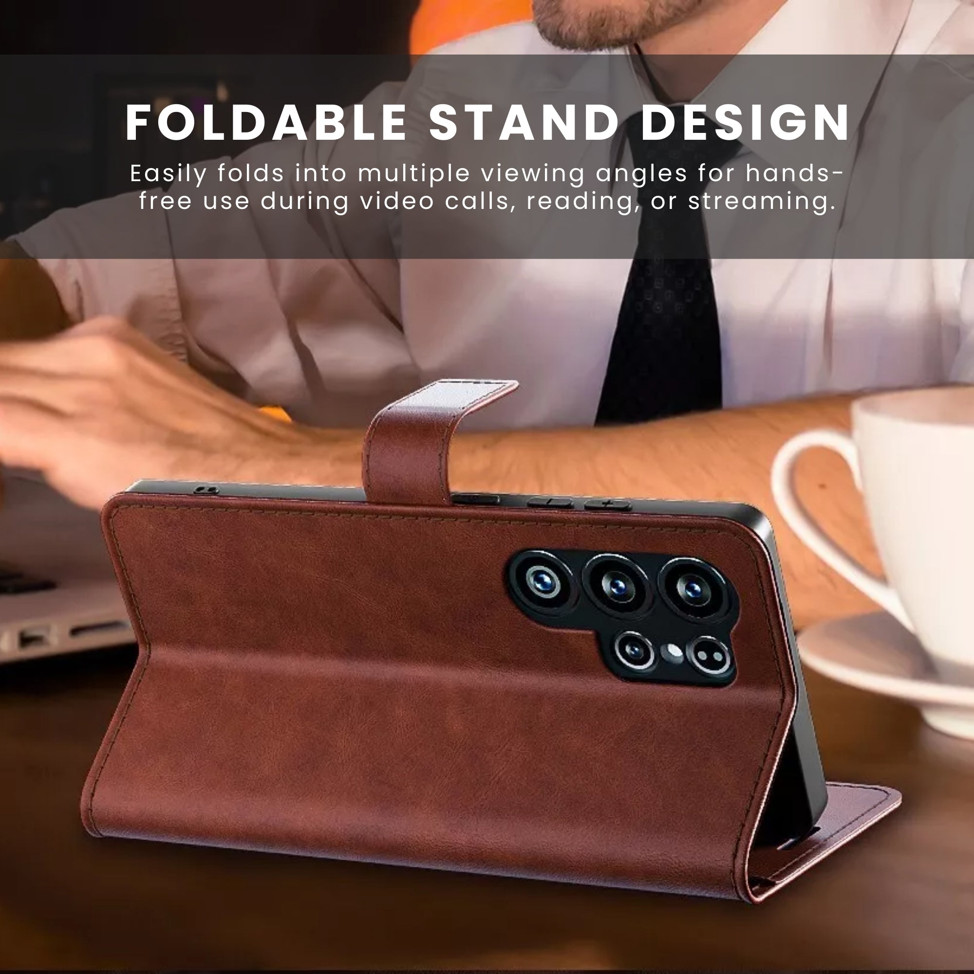 A brown PU leather wallet case for the Galaxy Series with a textured design, featuring a foldable stand design.