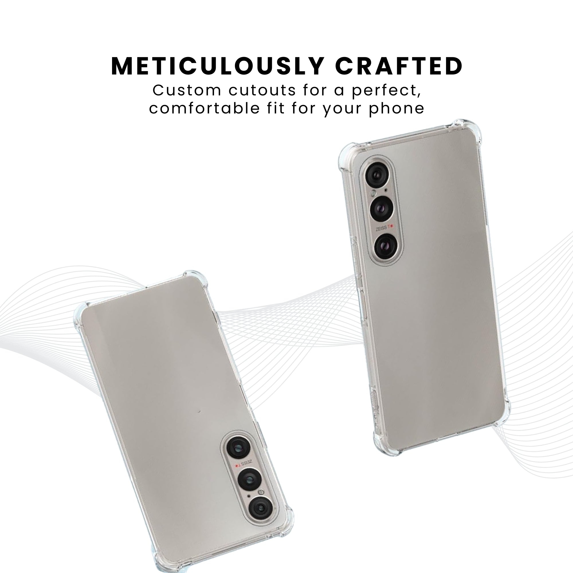 A clear anti-burst Sony phone case with a hard bumper, showing the phone's camera and ports, with a slightly elevated bezel.