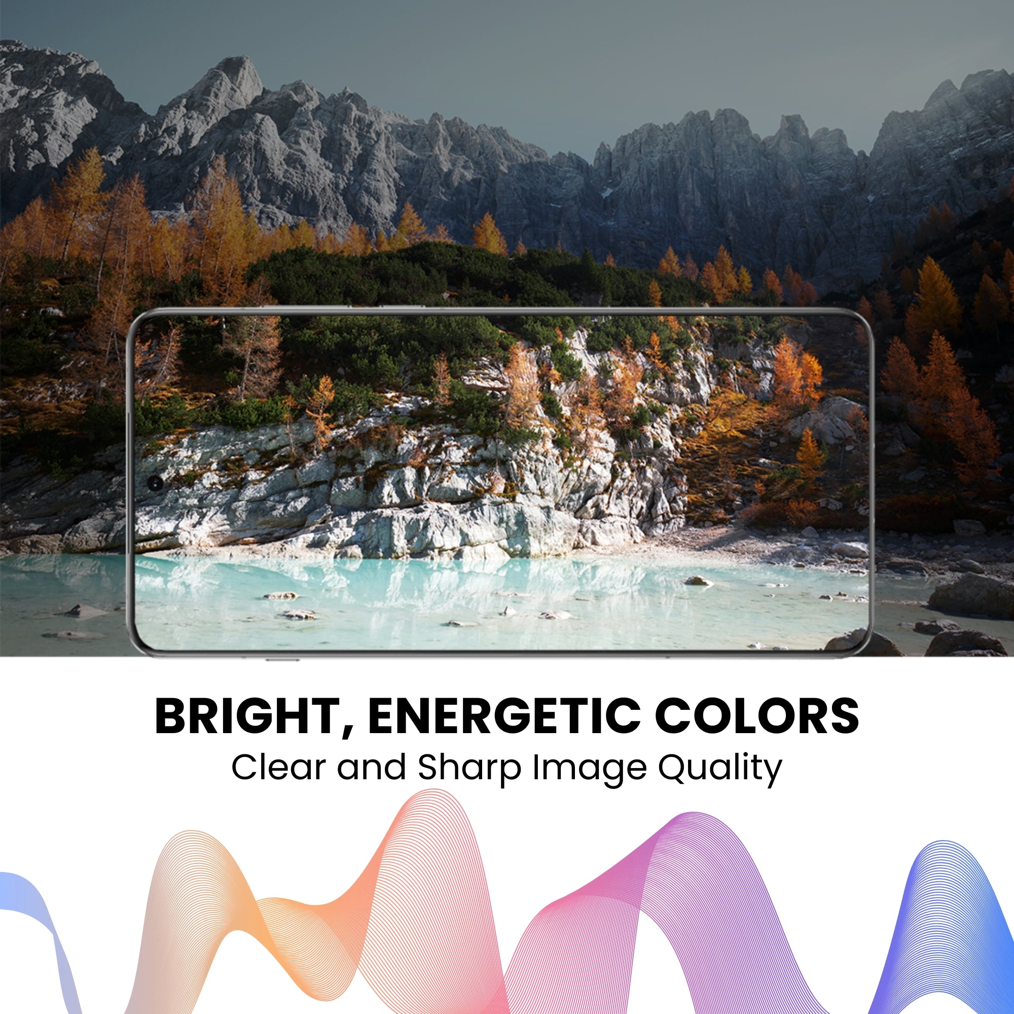 A clear tempered glass screen protector for all Motorola smartphones, showing the screen with clear visibility and energetic bright colors.