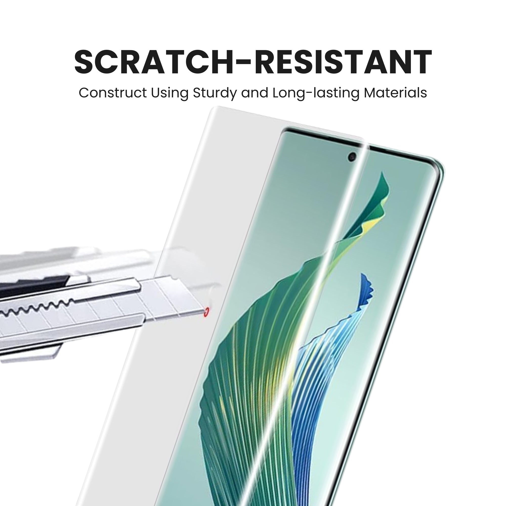 A clear tempered glass screen protector for all Motorola smartphones, showing the screen is scratch resistant.
