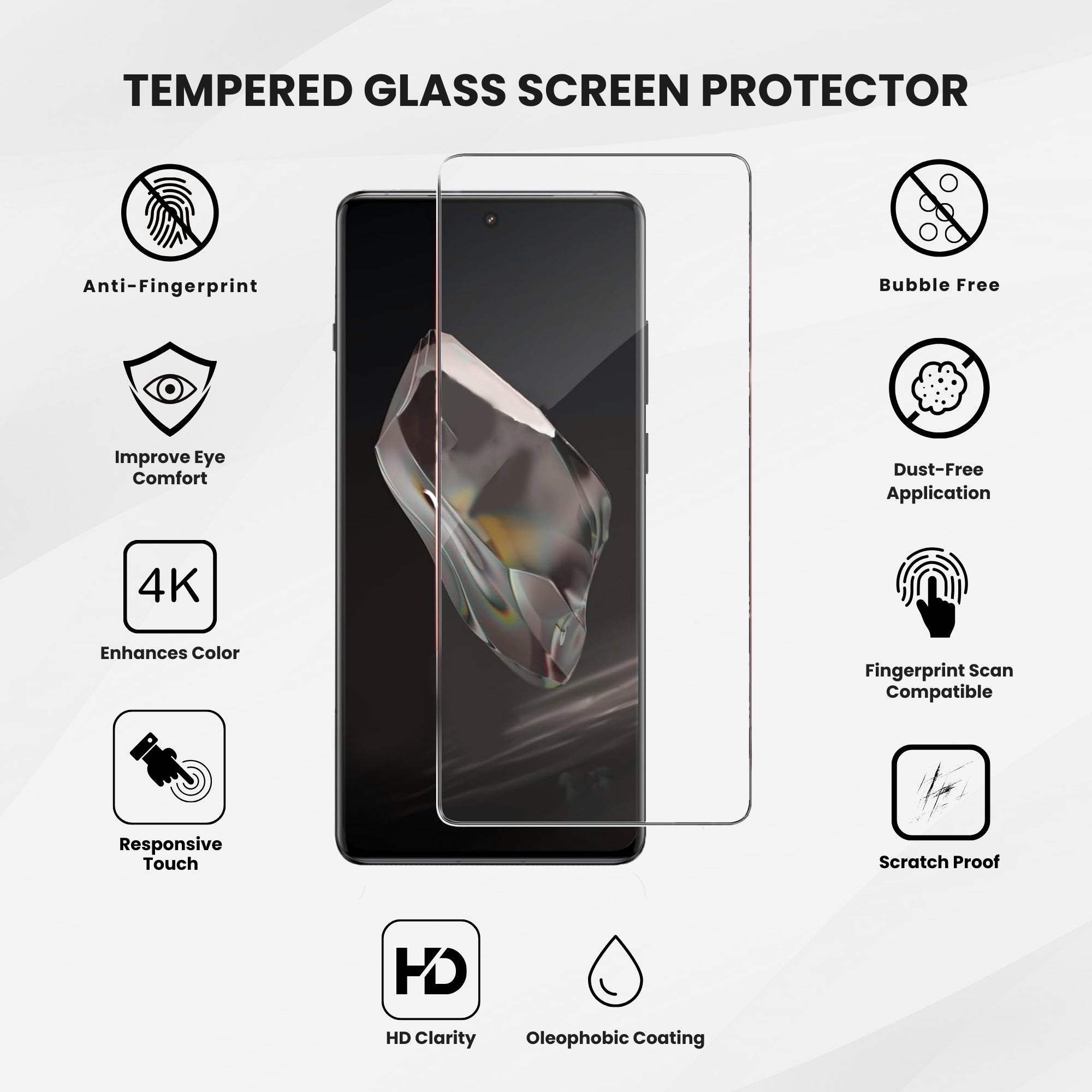 A clear tempered glass screen protector for all OnePlus smartphones, displayed over a white background with all features written along.