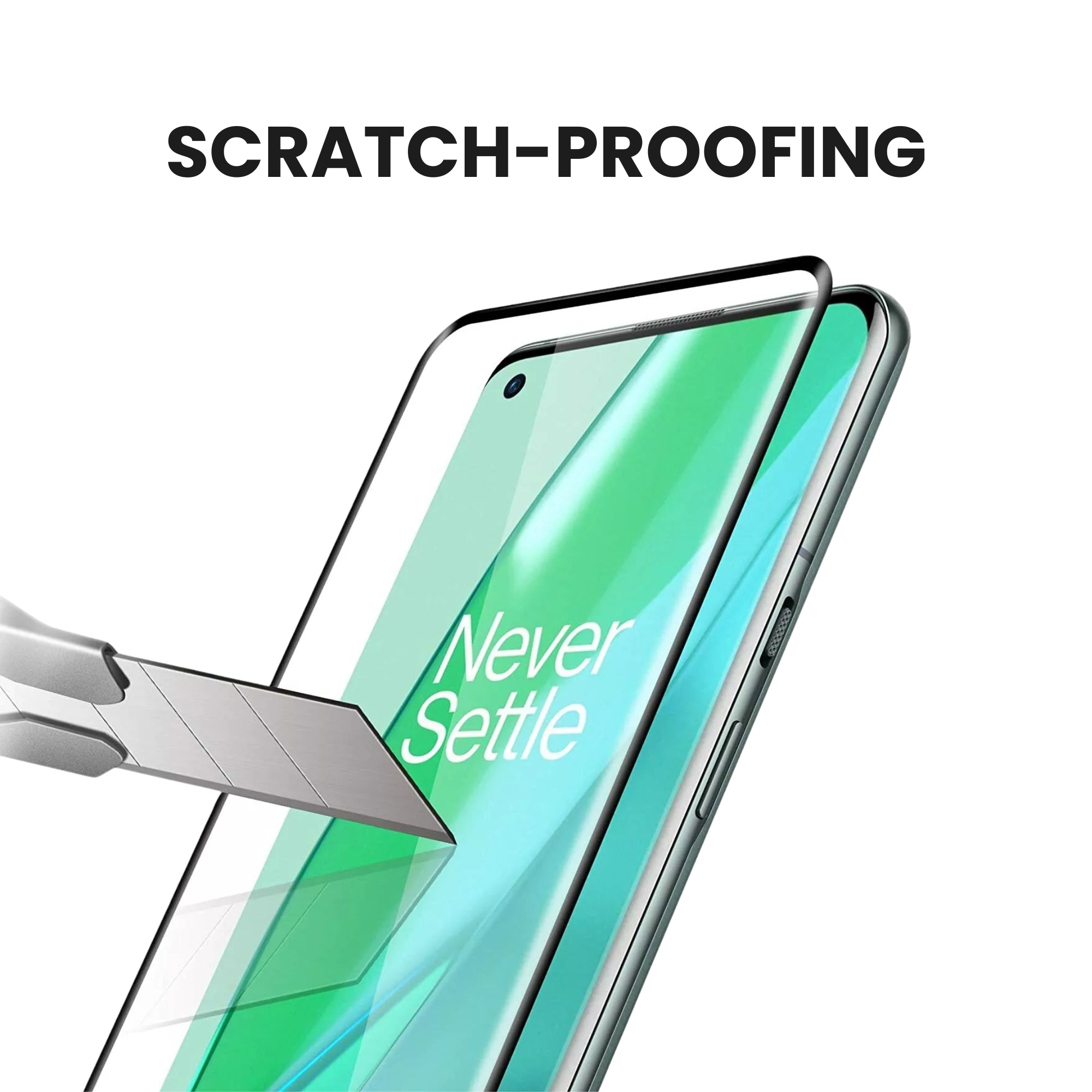 A clear tempered glass screen protector for all OnePlus smartphones with scratch proof screen, displayed over a white background.
