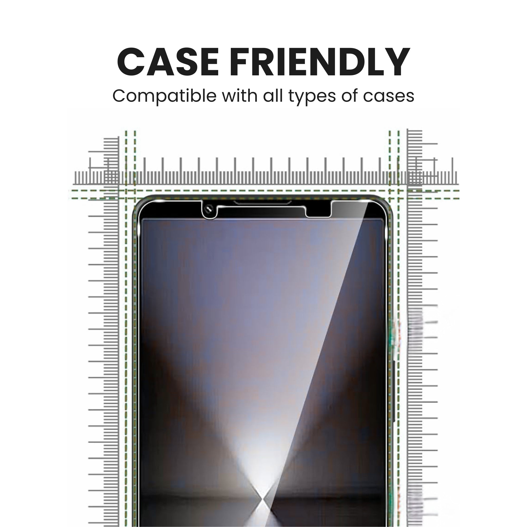 A clear tempered glass screen protector for all Sony smartphone models with case friendly fitting, displayed over a plain background.