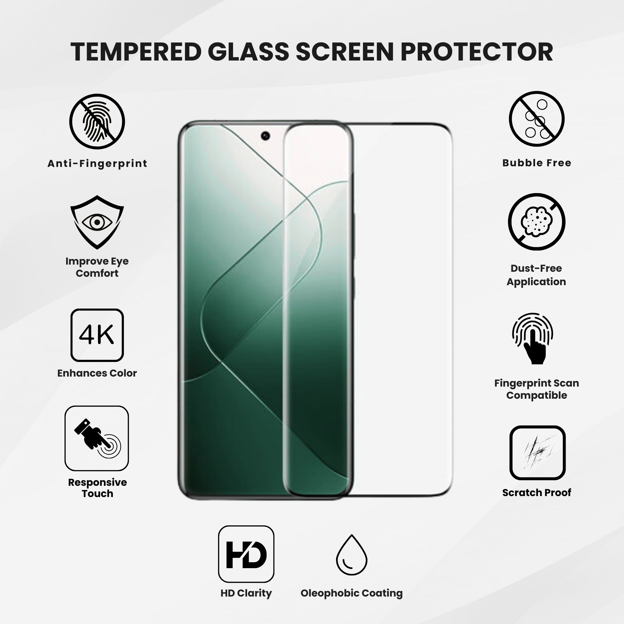 A clear tempered glass screen protector for all Xiaomi smartphones with all protection features written, shown over a plain background.