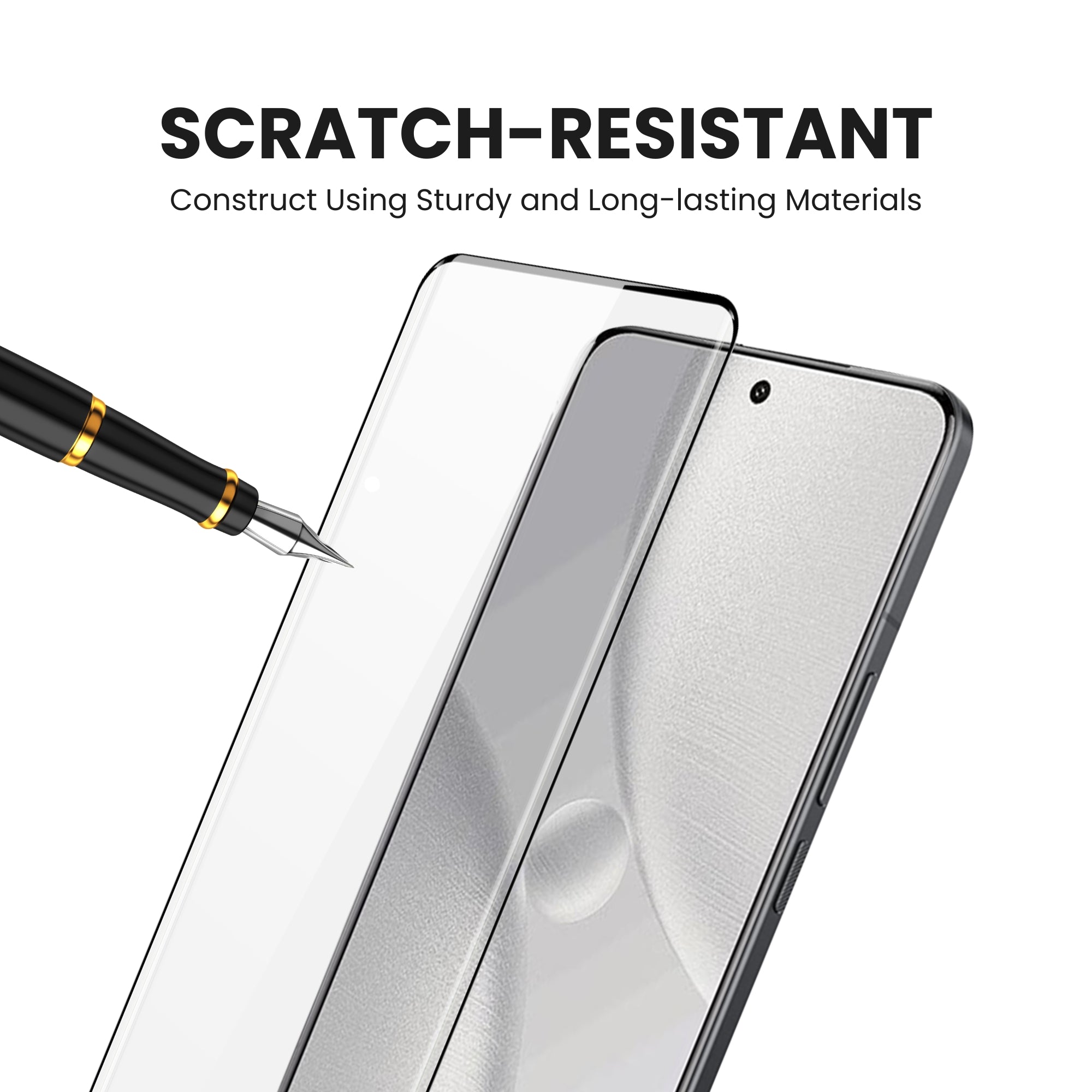 A clear tempered glass screen protector for all Xiaomi smartphones with scratch resistance feature, shown over a plain background.