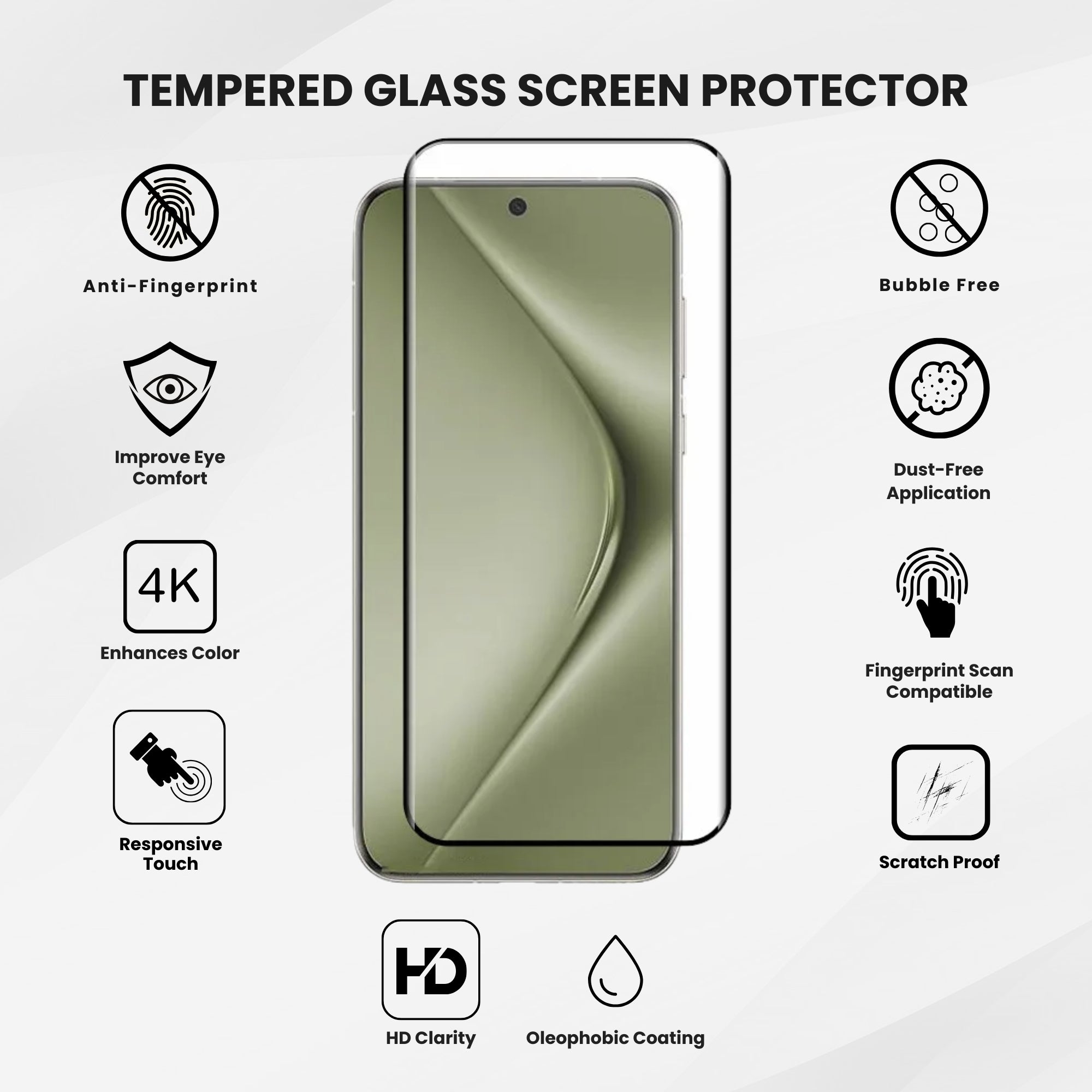 A clear tempered glass screen protector for all Huawei smartphone models, displayed over a white background showing all features.