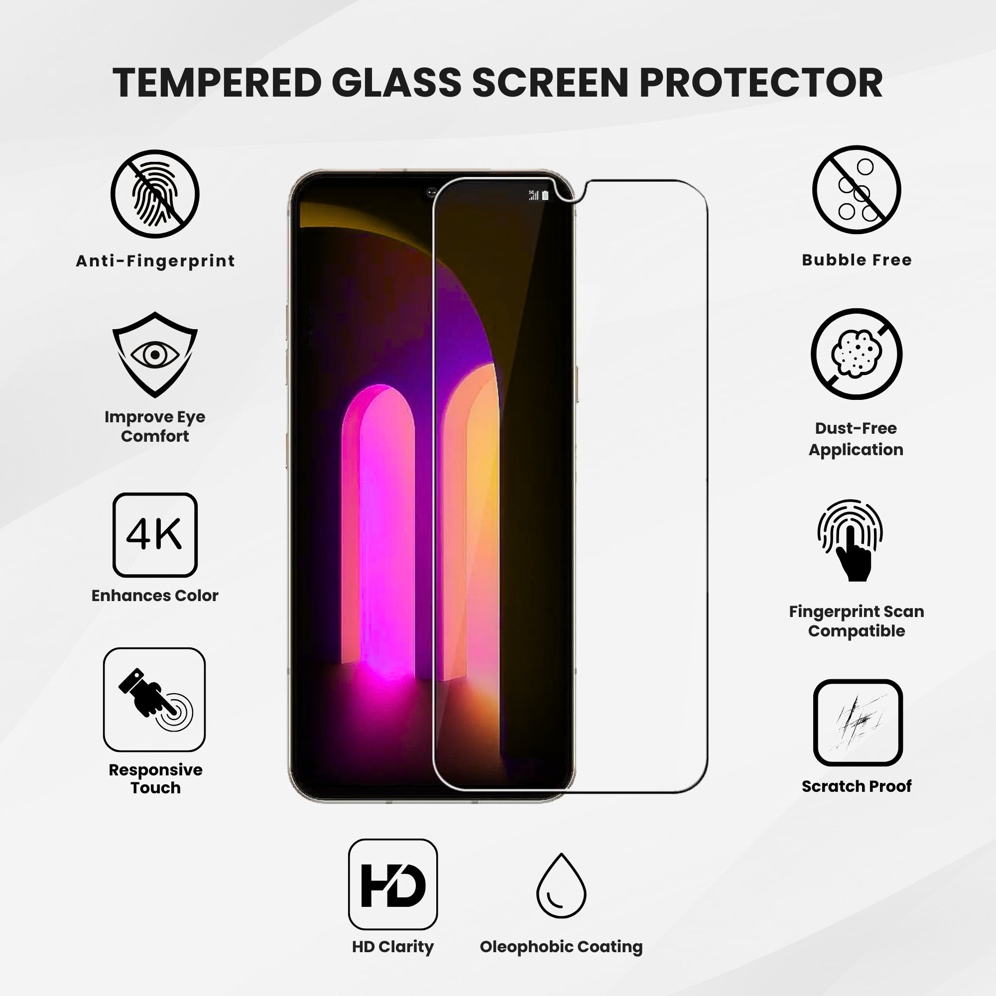A clear tempered glass screen protector for all LG smartphone models, shown to be applied on a phone screen with all features written beside.