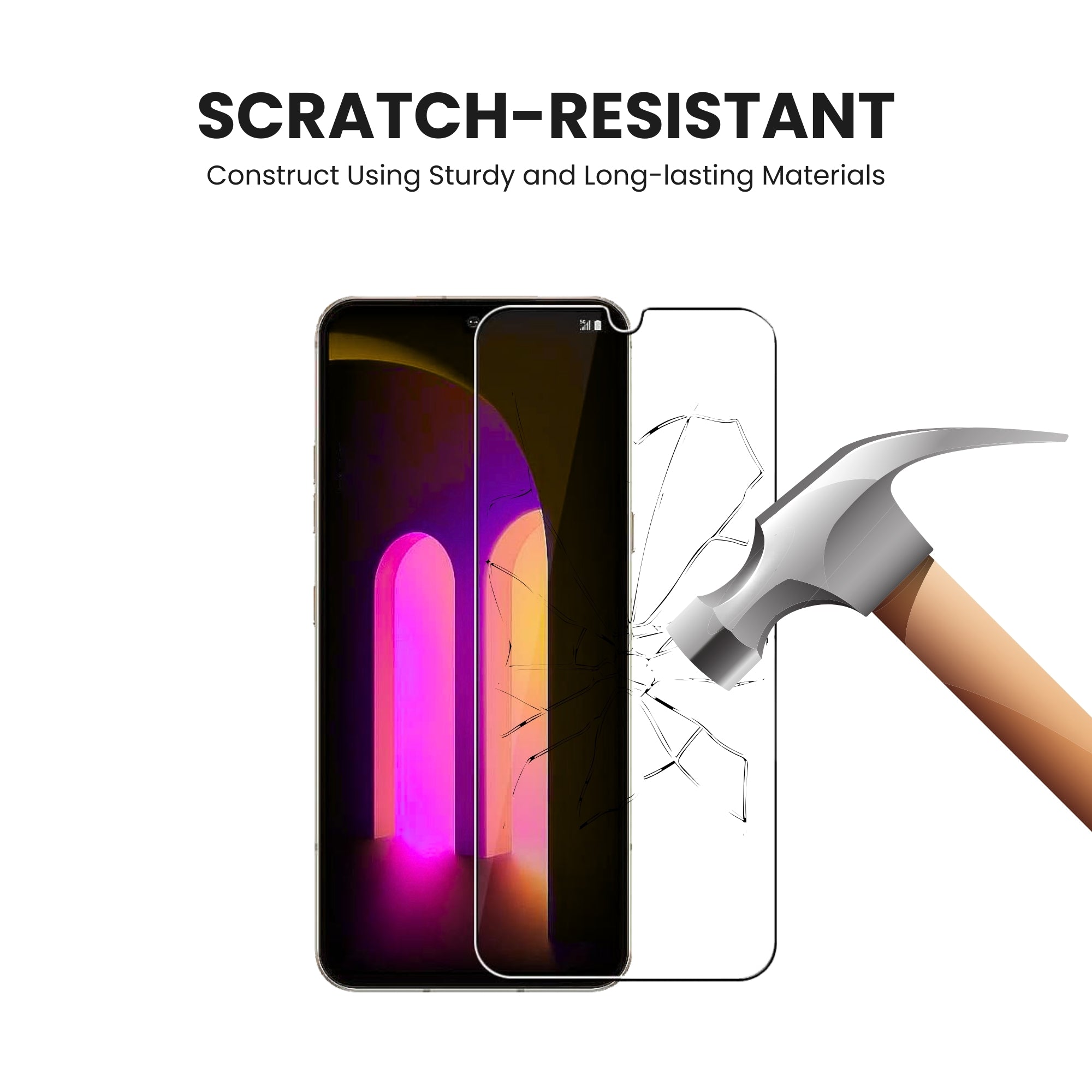 A clear tempered glass screen protector for all LG smartphone models, showing scratch resistant screen protector.