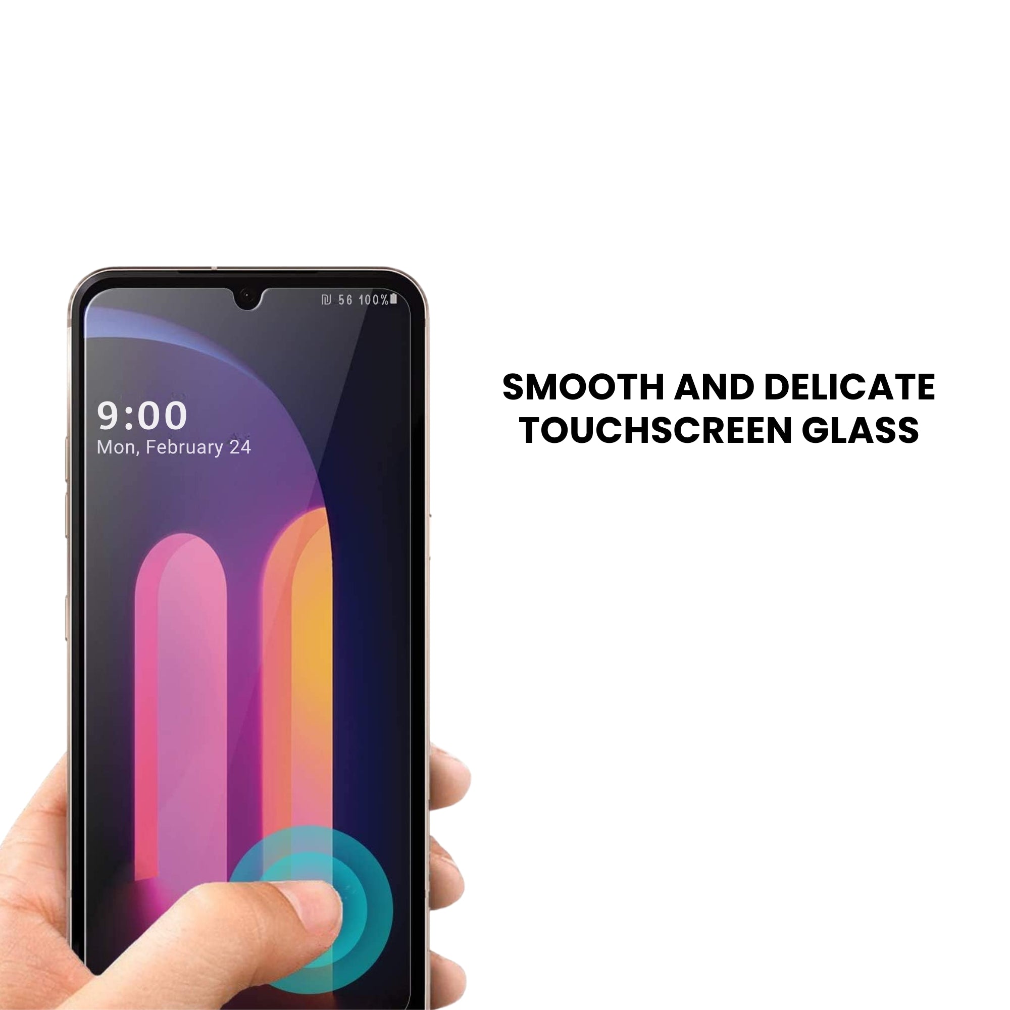 A clear tempered glass screen protector for all LG smartphone models, indicating smooth and delicate touchscreen after the protector is applied.