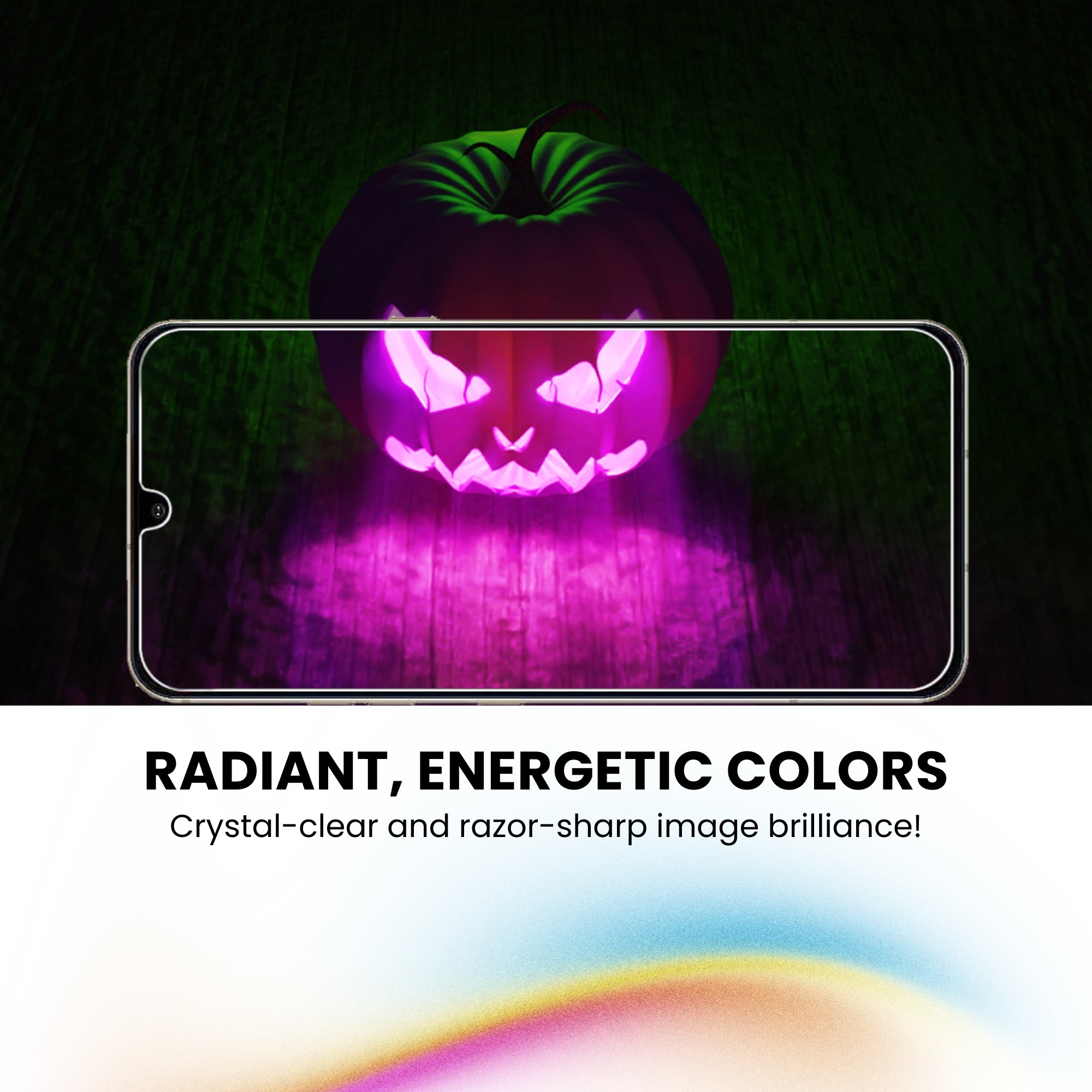 A clear tempered glass screen protector for all LG smartphone models, displaying energetic and crystal clear screen colors after the protector is applied.