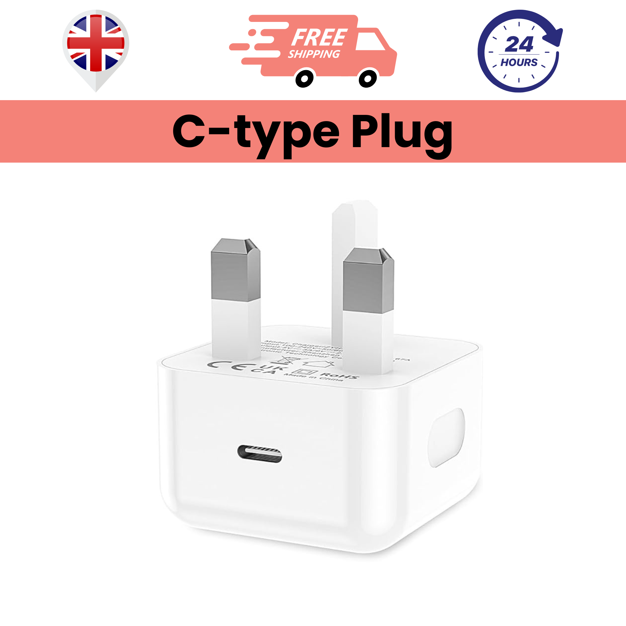 A white Type C Plug 20W charger with a UK power socket.