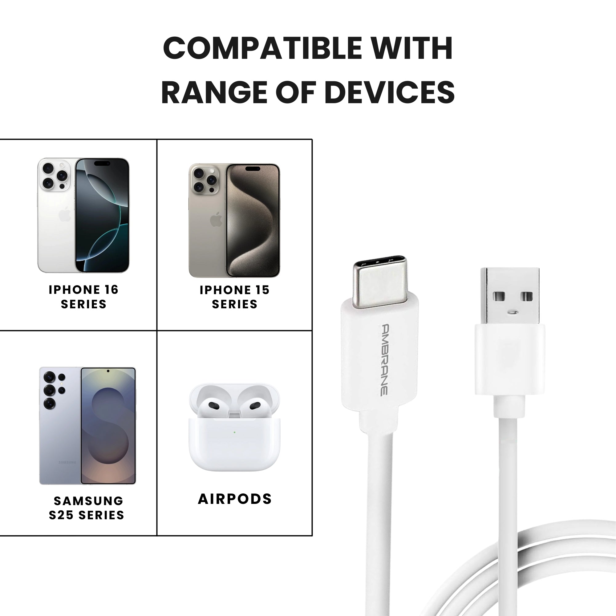 Type C USB To USB Charging Cable with range of compatible devices.