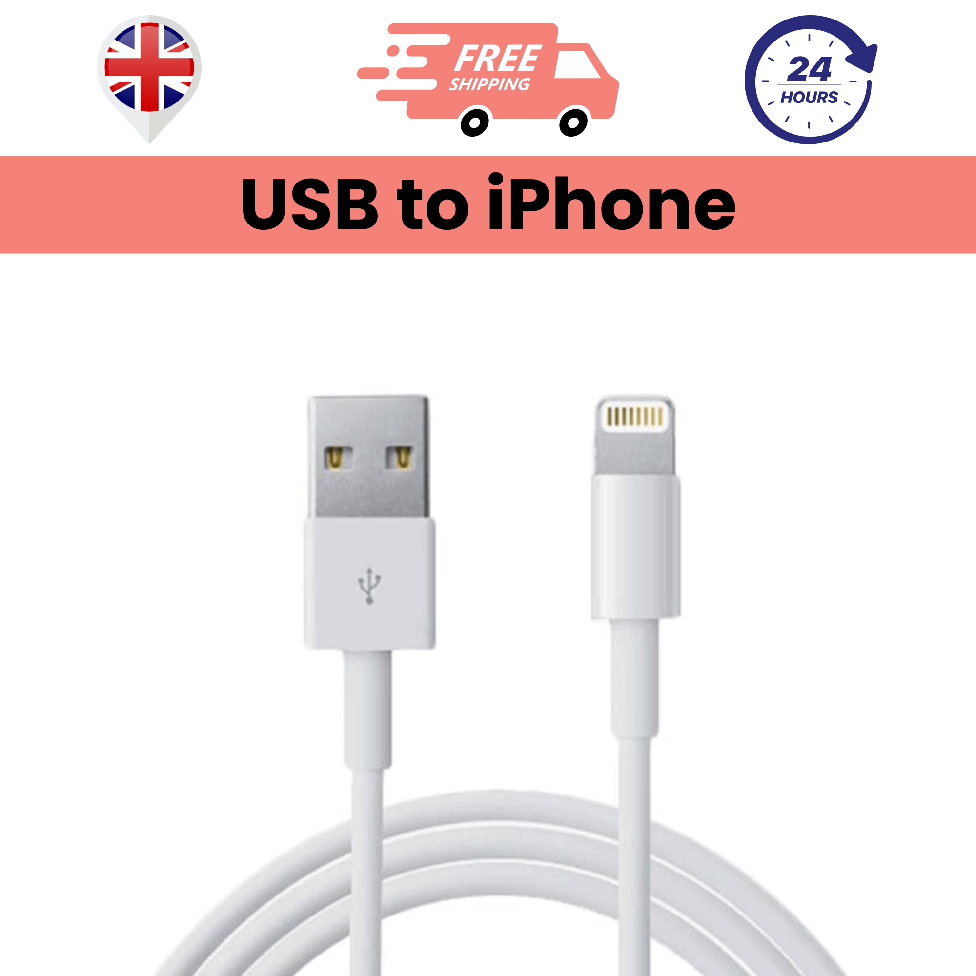 A white USB to Lightning cable, indicating compatibility with various iPhone models and possibly iPad and iPod devices.