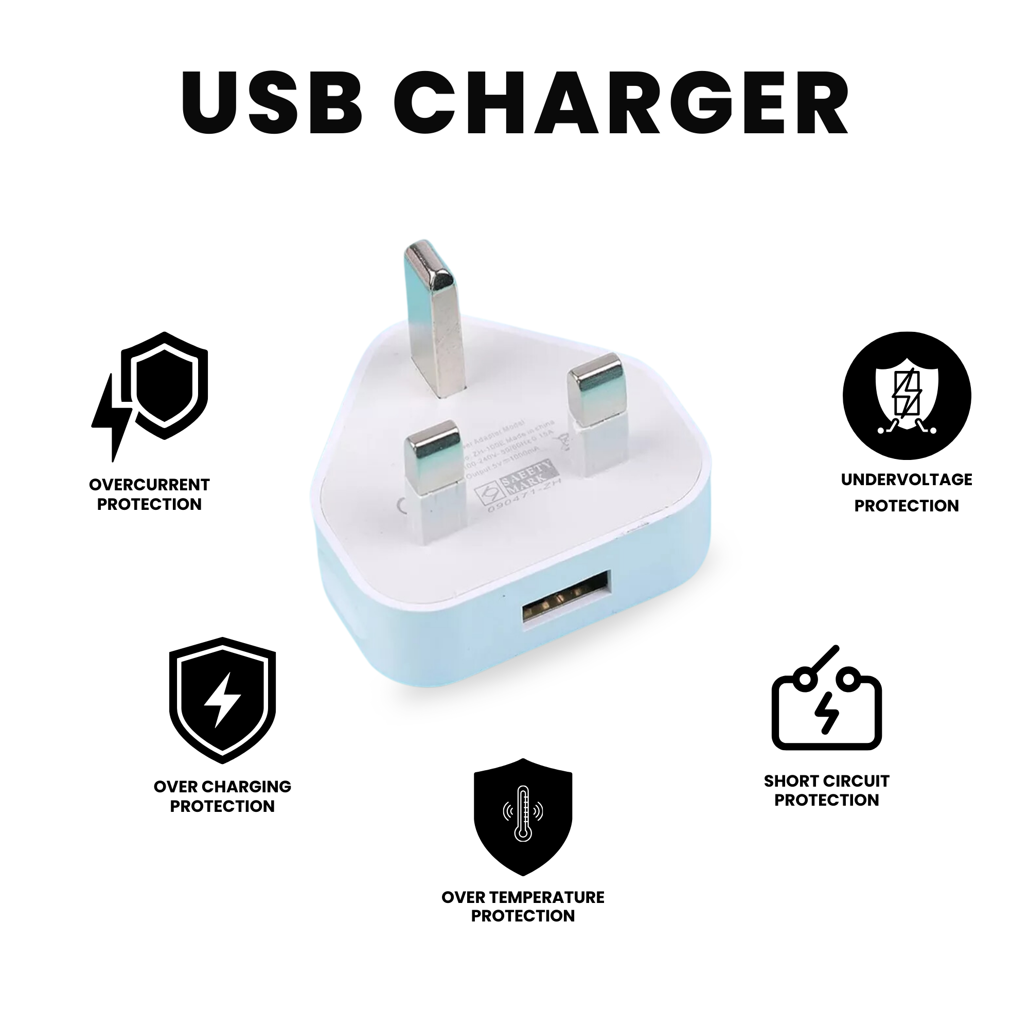 USB plug chargers in white color with all its features written along.